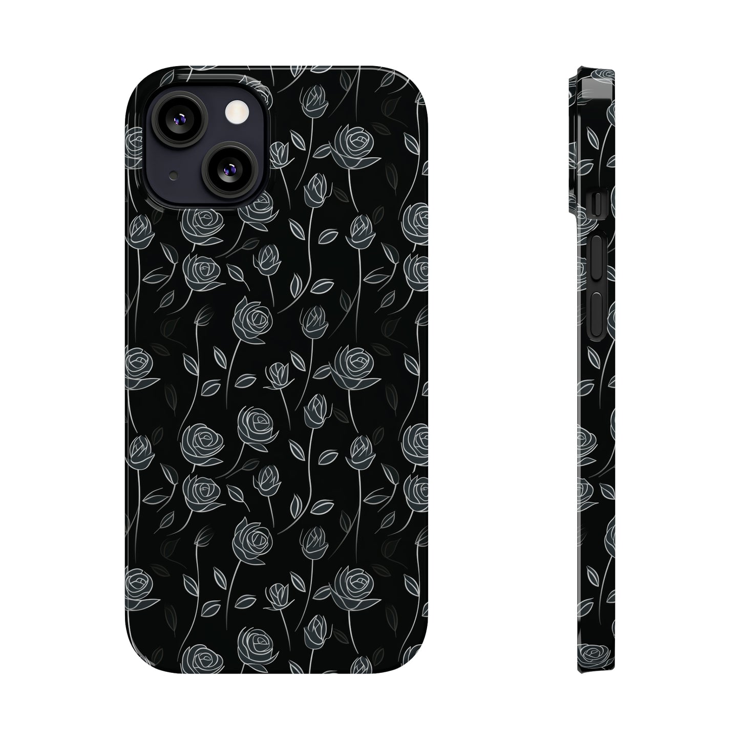 Contrasting Elegance: White Outlined Roses on a Black Background Iphone 15-12 Slim Phone Case