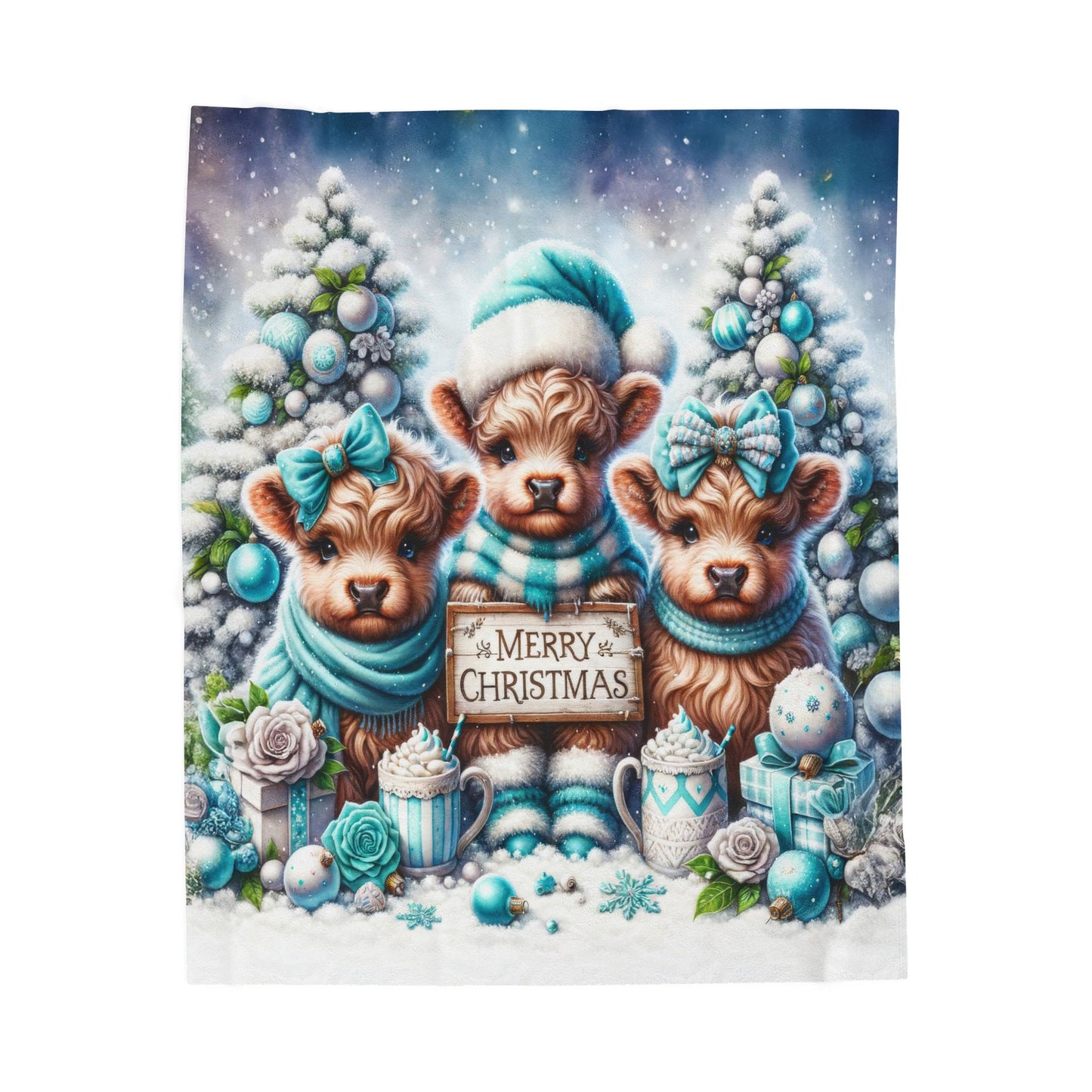 Baby Highland Cows Teal Merry Christmas Velveteen Plush Blanket 3 Sizes