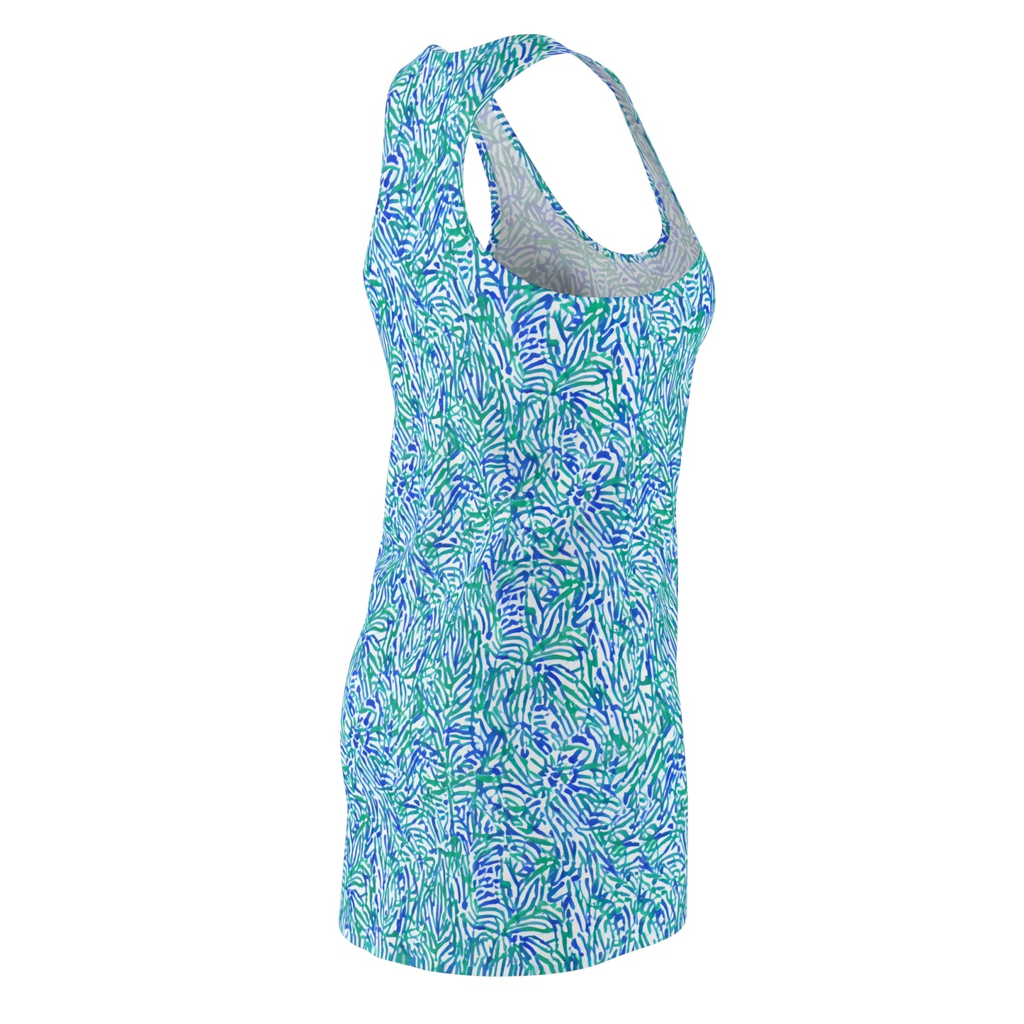 Tropical Fusion: Abstract Palm Leaves in Lime Green and Blue Hues Women's Racerback Dress XS - 2XL