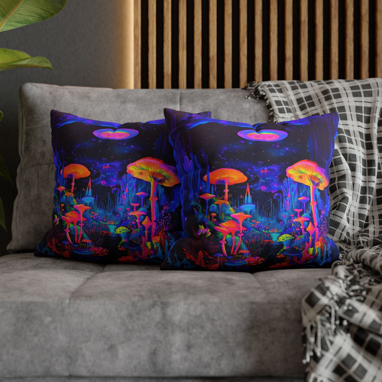 Vibrant Psychedelic Fantasy Neon Mushroom Forest Landscape Spun Polyester Square Pillowcase 4 Sizes