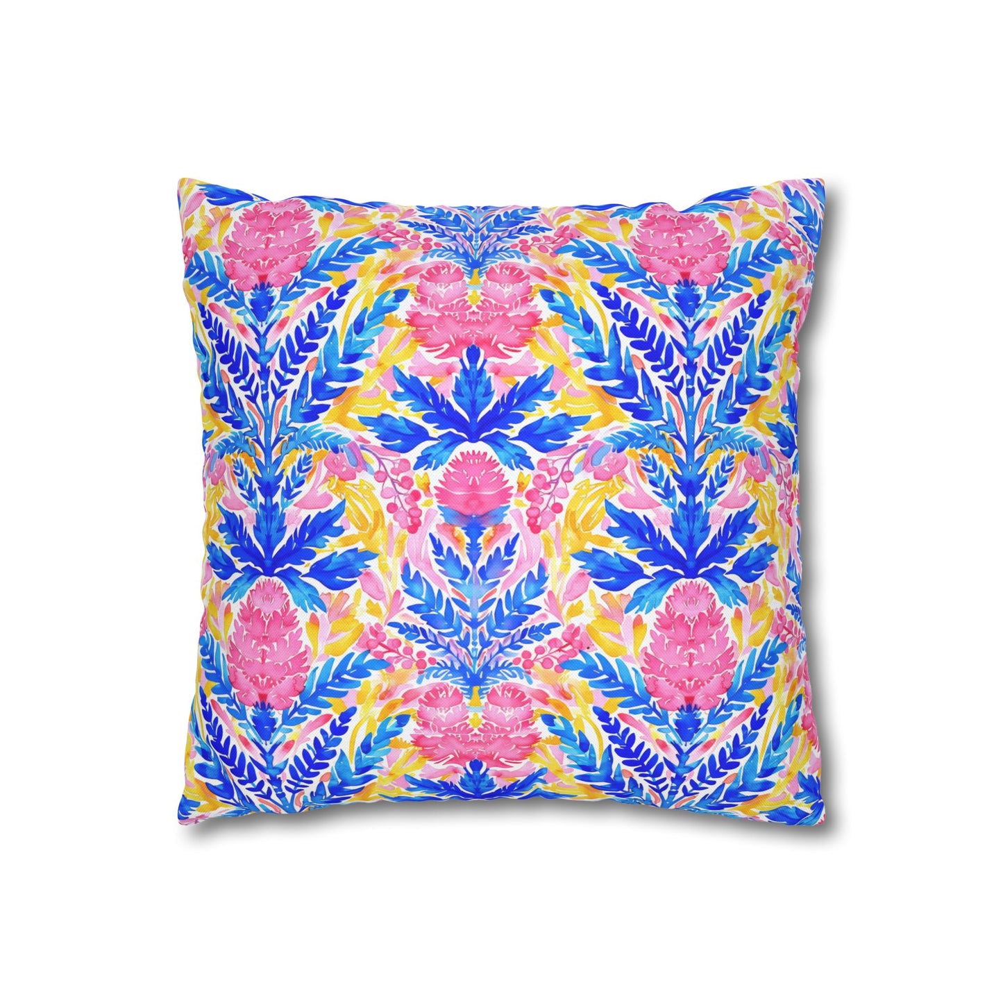 Tropical Watercolor Blooms in Vibrant Pinks and Blues Spun Polyester Square Pillowcase 4 Sizes