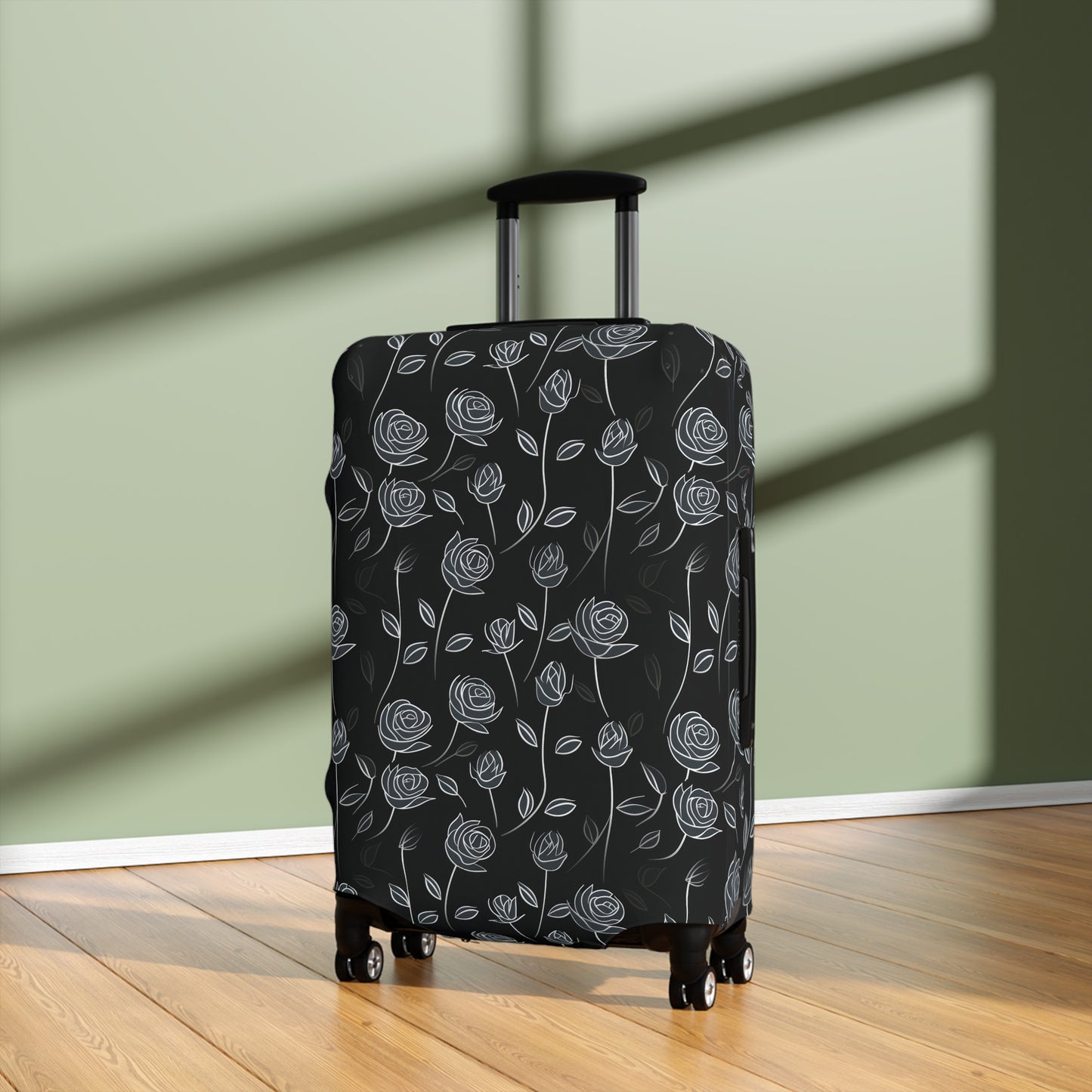 Contrasting Elegance: White Outlined Roses on a Black Background  - Luggage Protector and Cover 3 Sizes