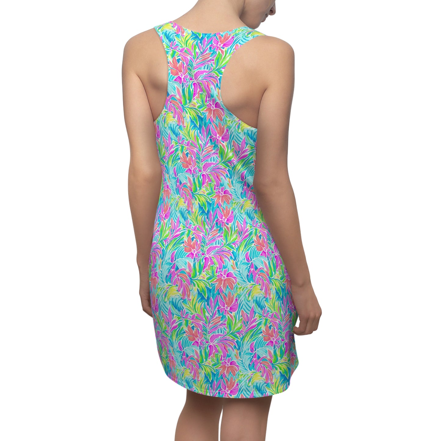 Neon Tropics: Vibrant Rainbow Flowers and Palm Leaves in Electric Splendor Women's Racerback Dress XS - 2XL