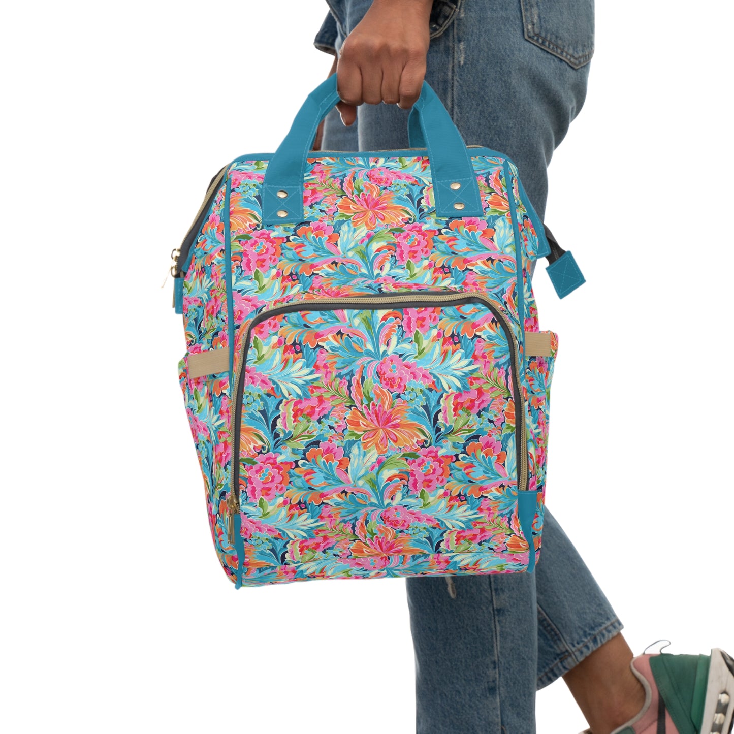 Tropical Radiance: Bursting Summer Blooms in Teal, Orange, and Pink Multifunctional Diaper Backpack