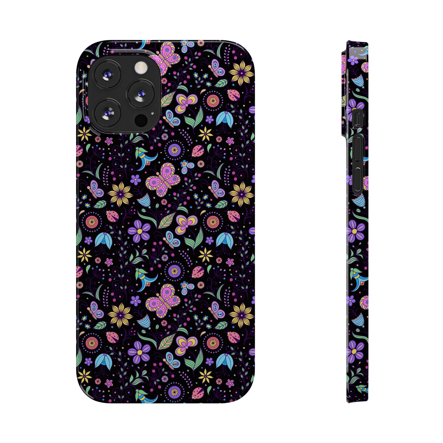 Butterflies and Flowers Black Background Iphone 15-12 Slim Phone Case