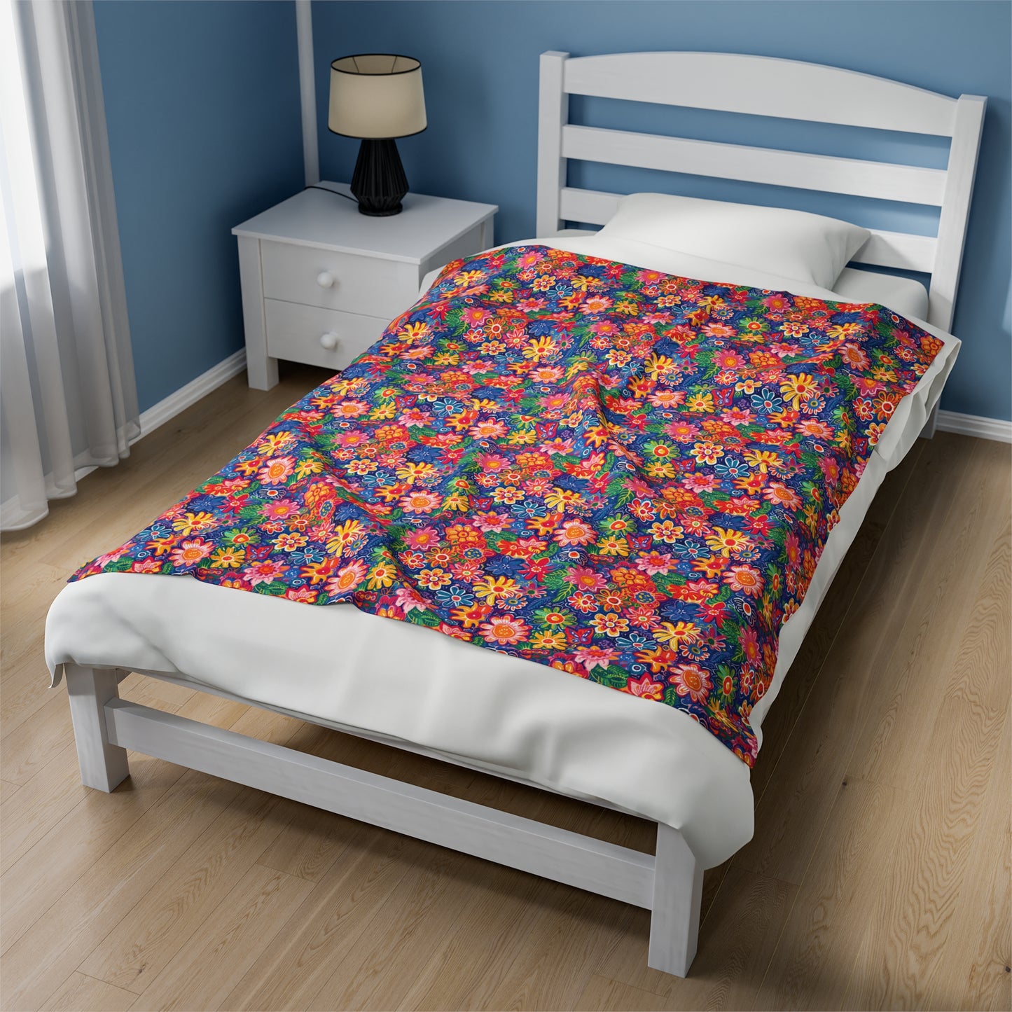 Fluttering Kaleidoscope: Vibrant Multicolor Flowers and Butterflies in Flight Velveteen Plush Blanket 3 Sizes