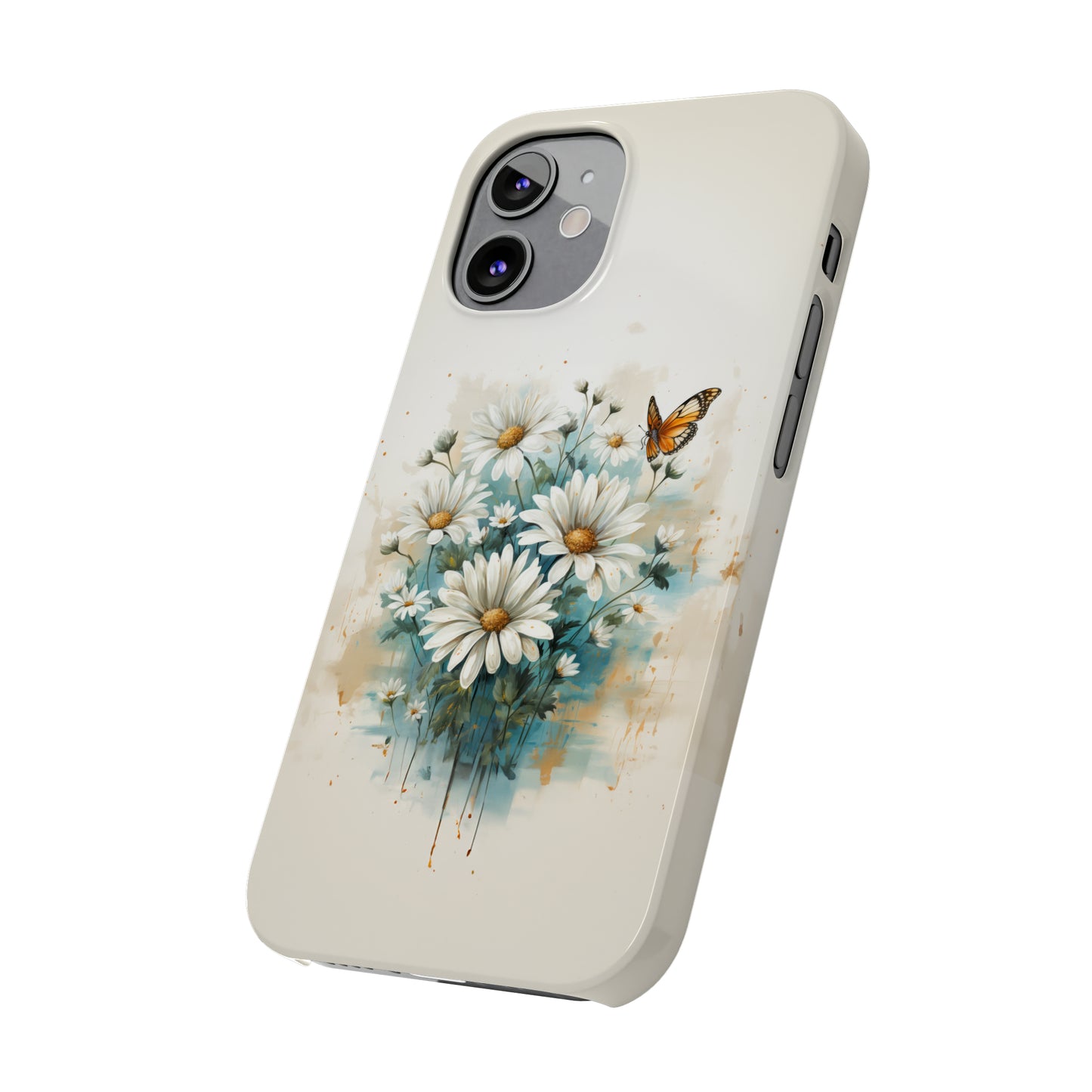 Rustic Farmhouse Teal and White Wild Daisies and Butterflies Iphone 15-12 Slim Phone Case