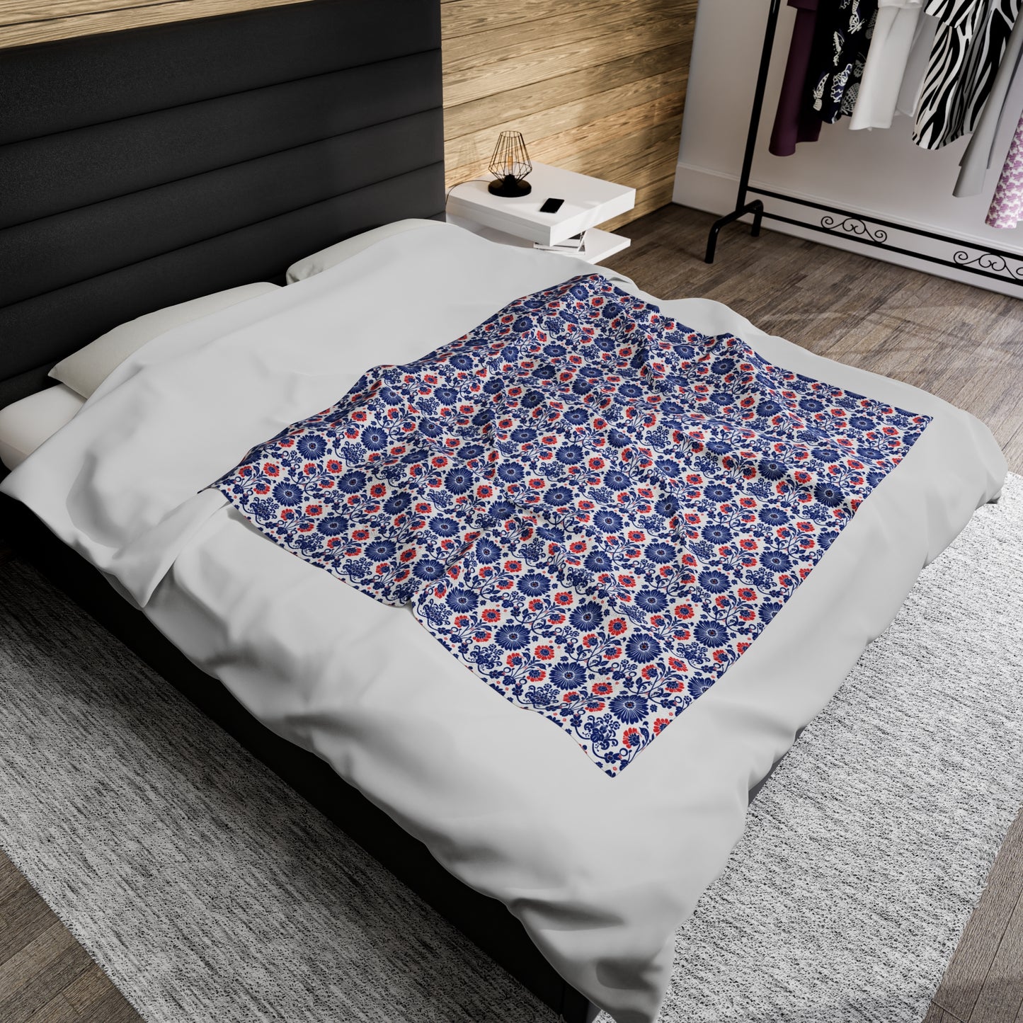 Charming Folk Blooms in Classic Polish Pottery Inspired Floral Pattern in Blue and Red Velveteen Plush Blanket 3 Sizes