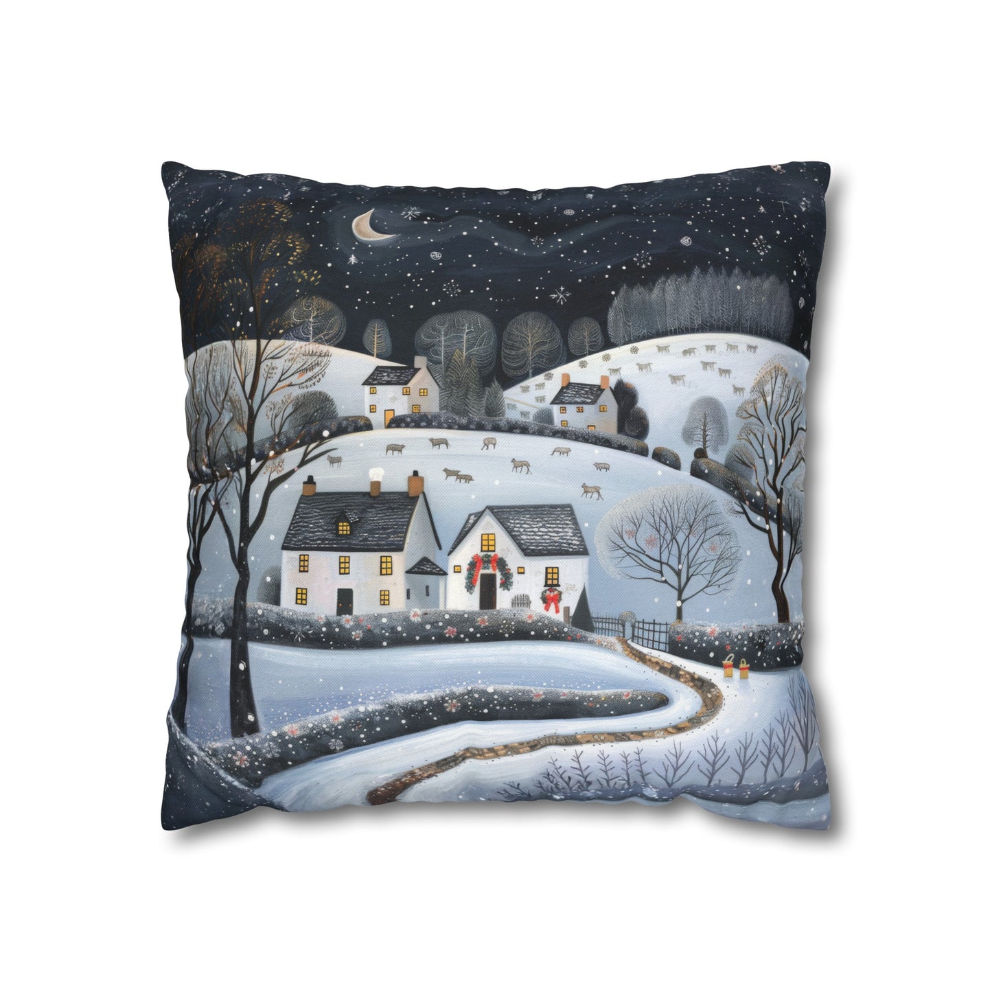 Starry Serenity: Rolling Hills on a Snowy Night, Stars Sparkling in the Sky Spun Polyester Square Pillowcase 4 Sizes