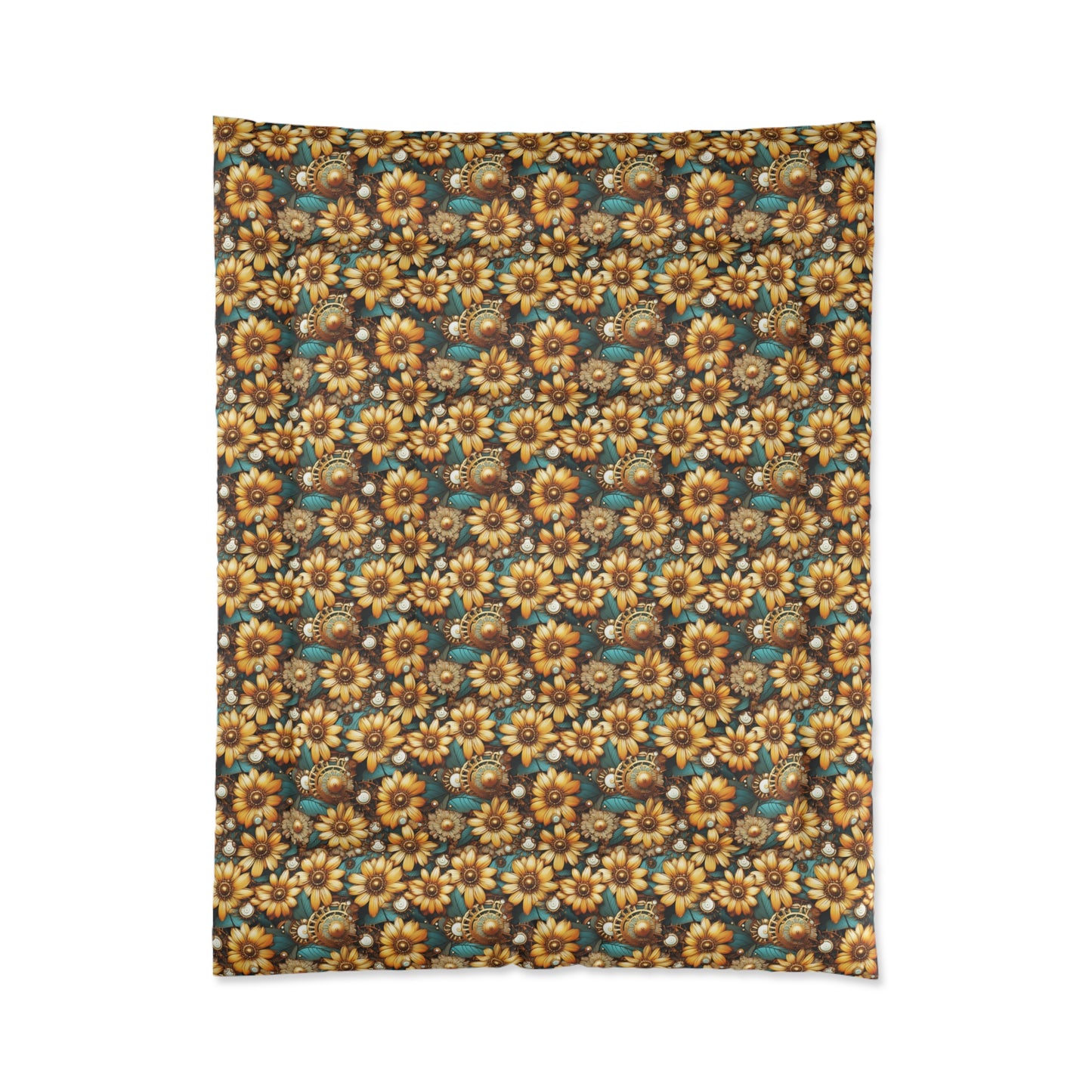 Victorian Steampunk Gold Flowers Teal Background with Gears and Mechanical Elements - Comforter 4 Sizes