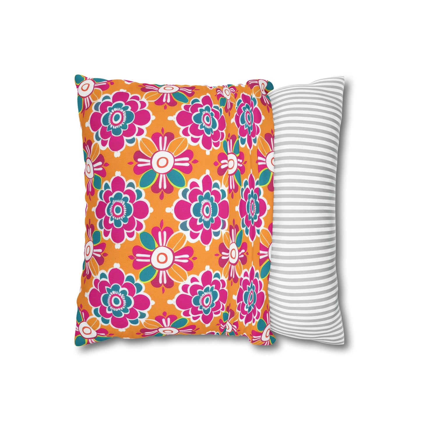 Array of Stylized Floral Motifs in Vivid Pink, Teal, and White Set Against a Warm Orange Backdrop Spun Polyester Square Pillowcase 4 Sizes