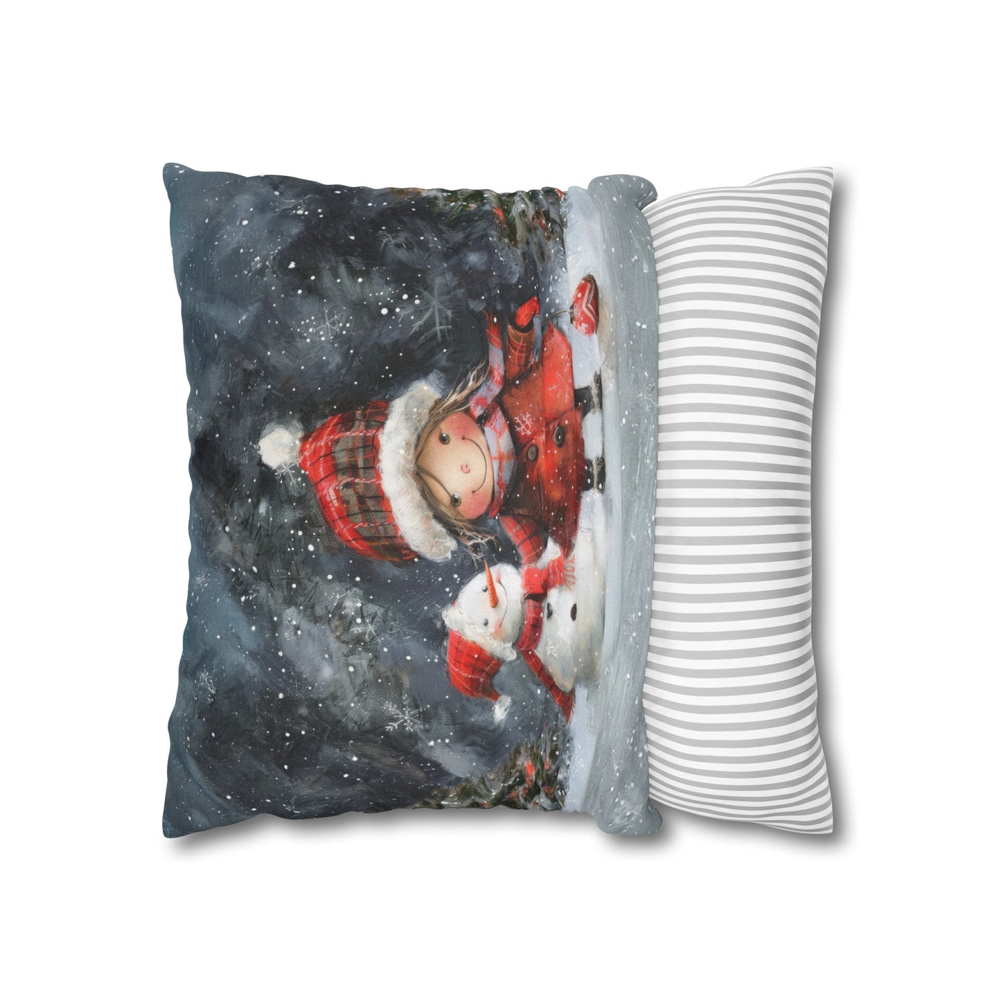 Frosty Friends: Little Girl Standing with Snowman on a Snowy Night Spun Polyester Square Pillowcase 4 Sizes