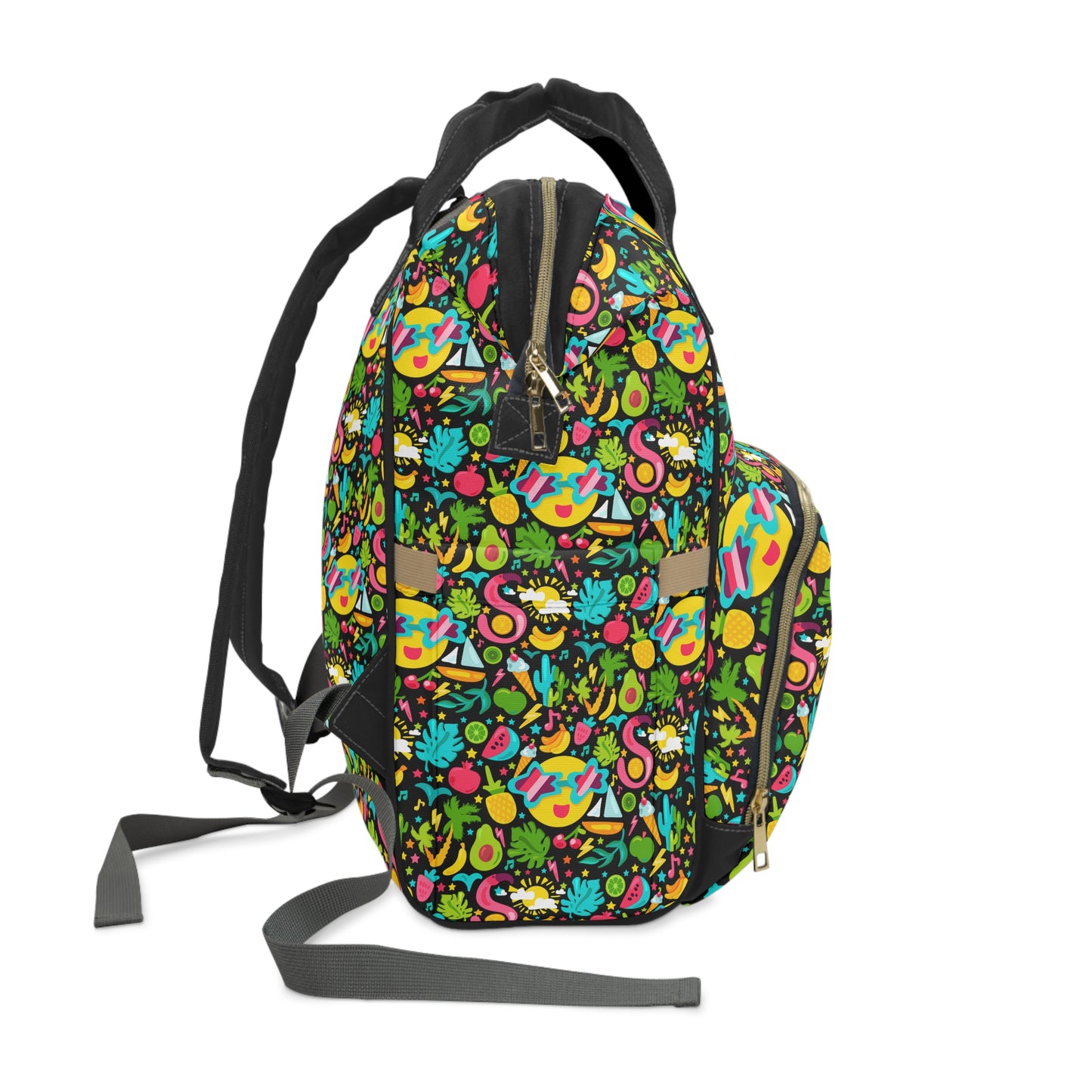 Island Vibes: Tropical Kids Summer Fruits, Boats, Flamingos, and the Sun in Black Multifunctional Diaper Backpack