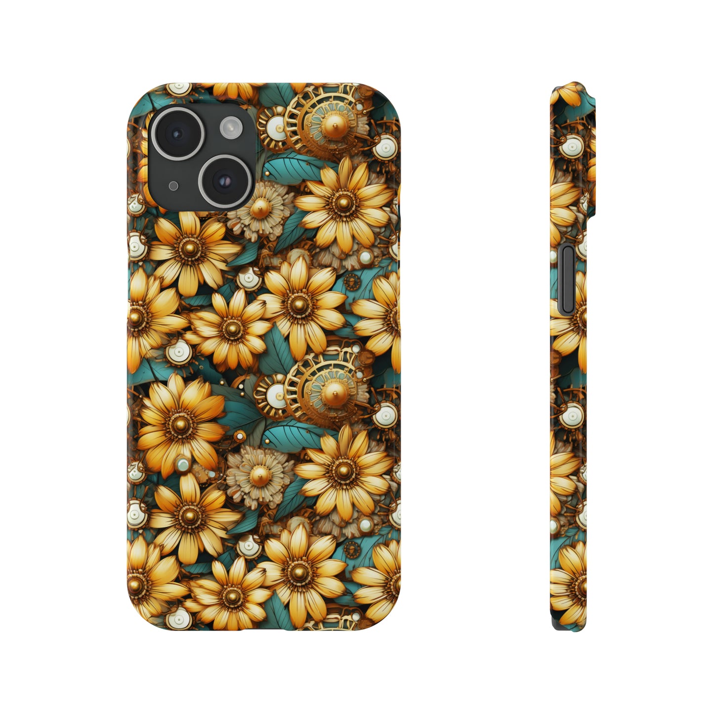 Victorian Steampunk Gold Flowers Teal Background with Gears and Mechanical Elements Iphone 15-12 Slim Phone Case