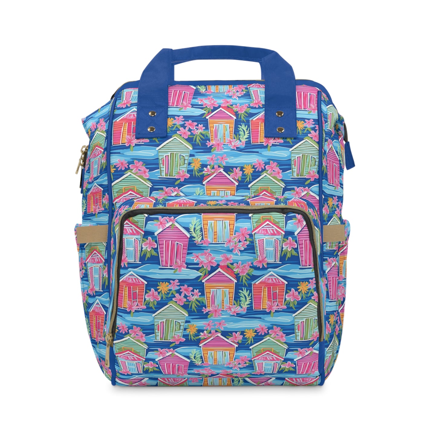 Seaside Serenade: Watercolor Beach Houses Amidst Blooming Florals Multifunctional Diaper Backpack