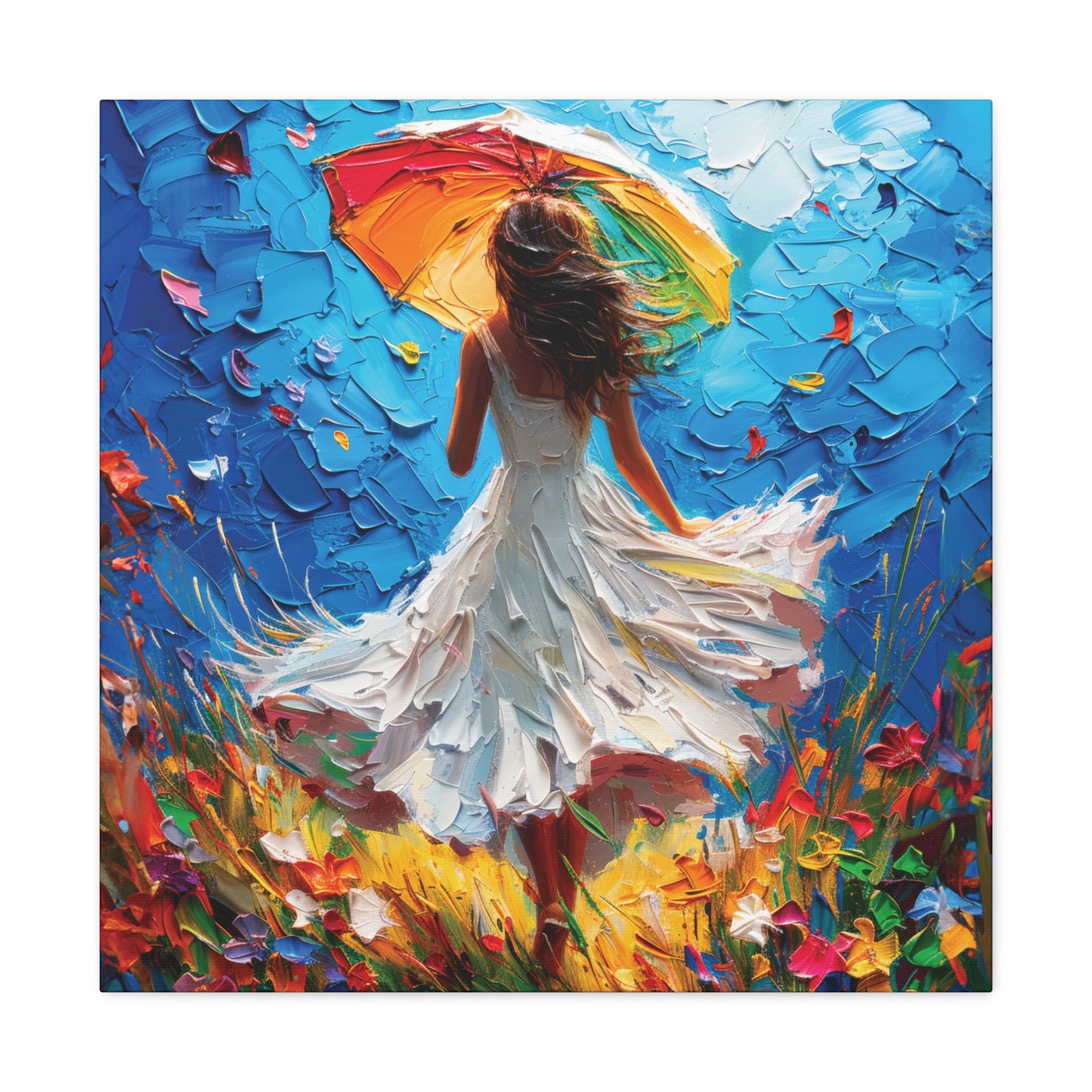 Spring Storm with Women Dancing in Field of Vibrant Spring Flowers Oil Painting Print on Canvas Gallery - 12 Sizes