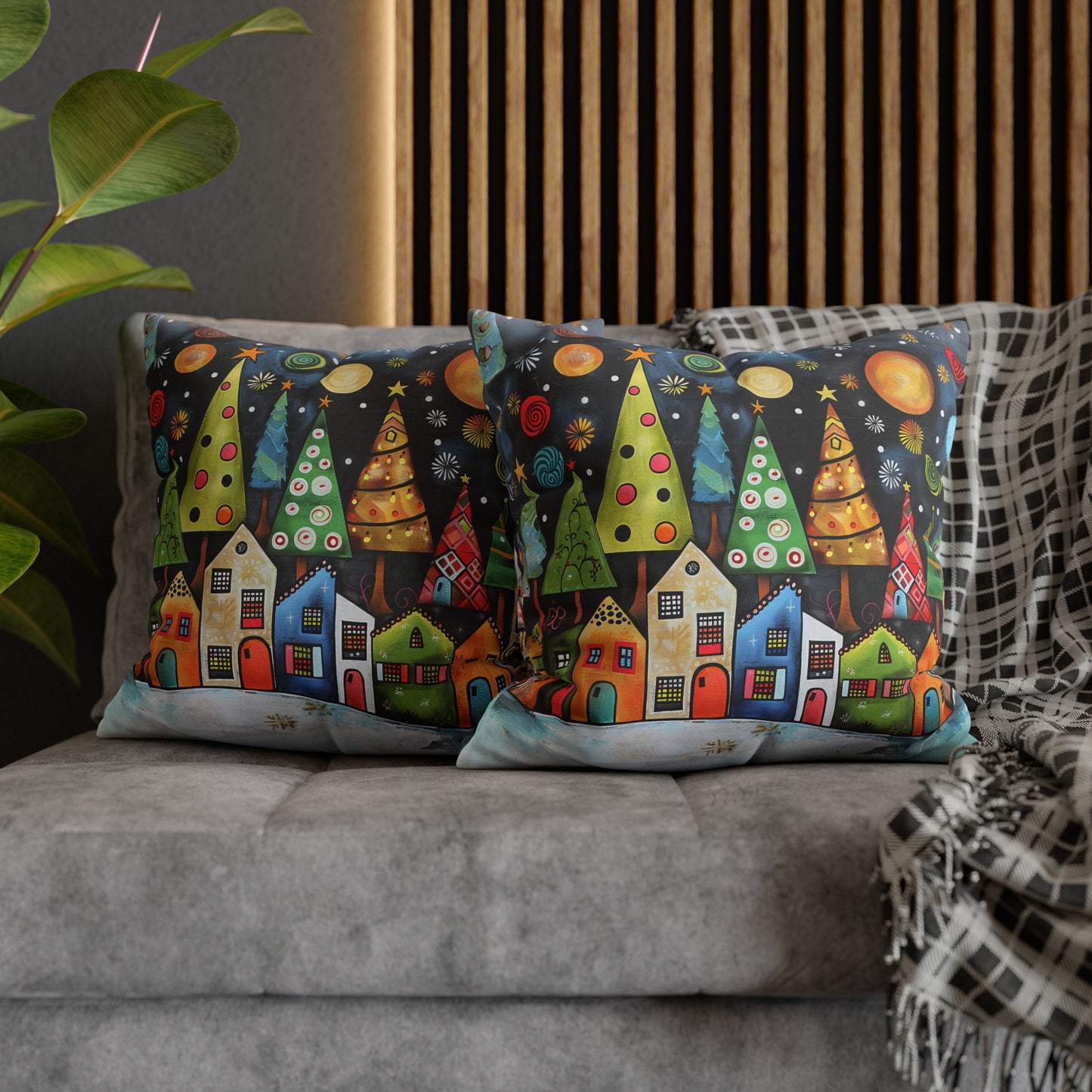 Holiday Haven: Abstract Folk Art Christmas Village Adorned with Christmas Trees Scene Spun Polyester Square Pillowcase 4 Sizes