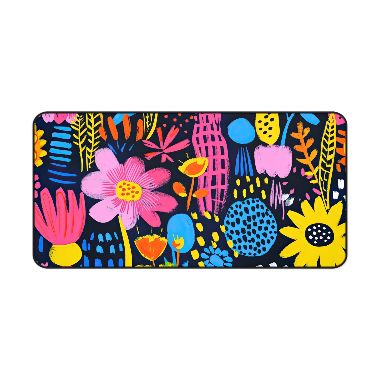 Abstract Floral Delight: Pink, Blue, and Yellow Blossoms Desk Mat Extended Gaming Mouse Pad - 3 Sizes