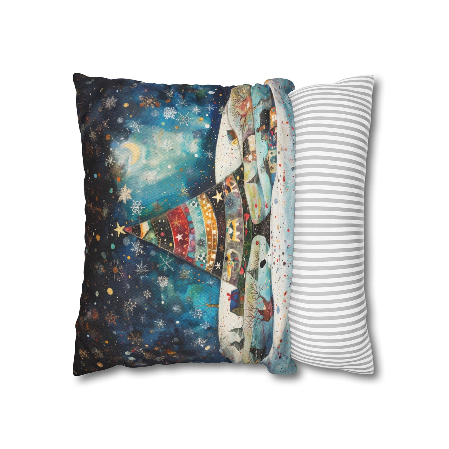 Twilight Treasures: Folk Art Christmas Tree Adorning a Town at Night Spun Polyester Square Pillowcase 4 Sizes