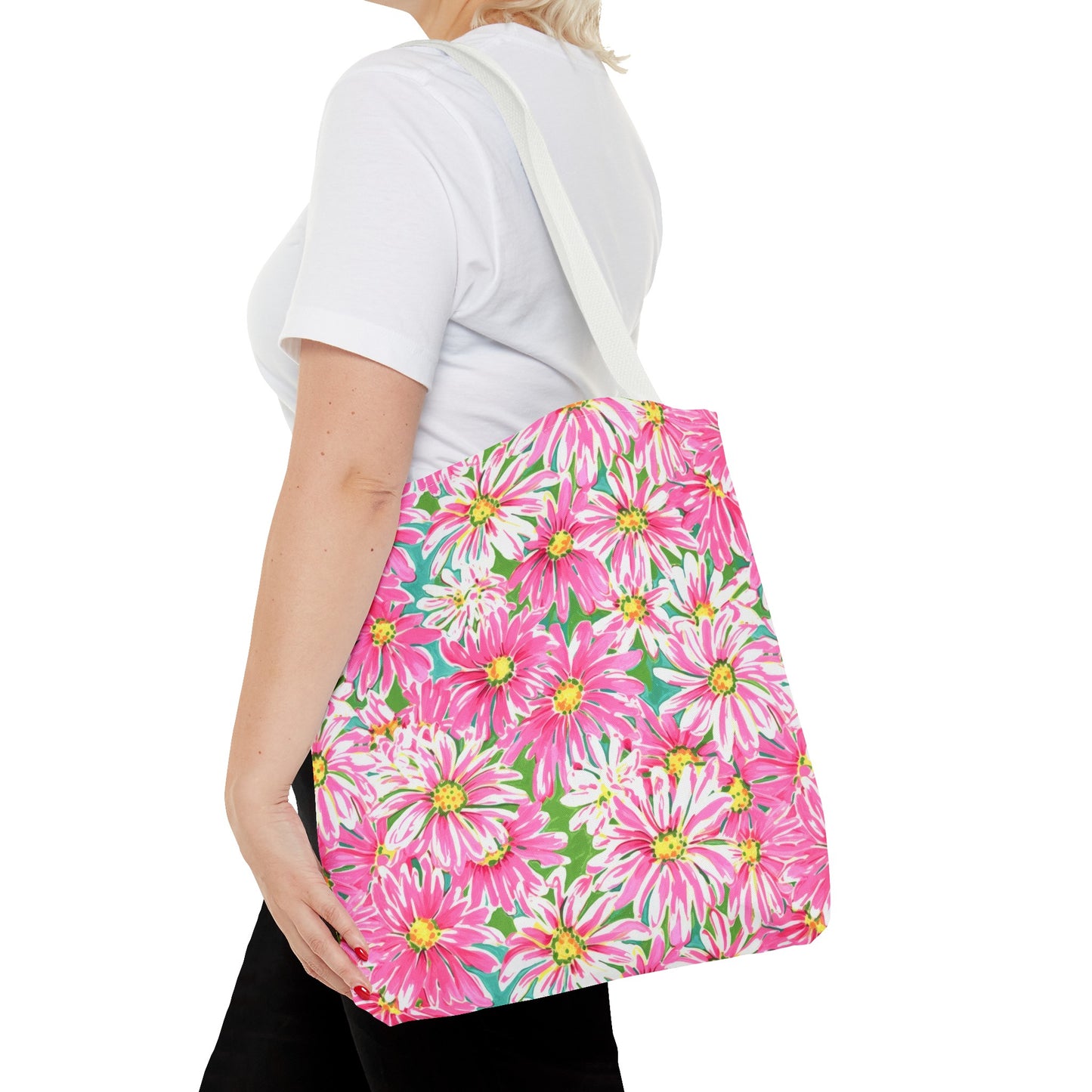 Springs Whisper: Watercolor Pink Daisies Dancing on a Lush Green Stage Canvas Tote Bag 3 Sizes