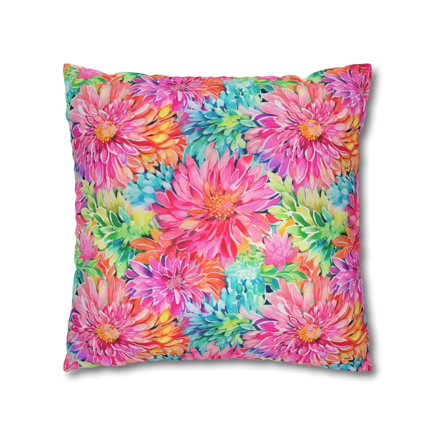 Blooming Spectrum: Large Vibrant Watercolor Flowers in Full Bloom Spun Polyester Square Pillowcase 4 Sizes