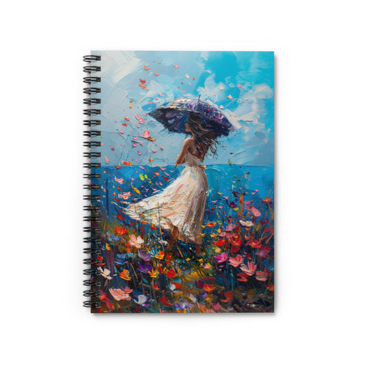 Spring Storms Women Standing on Hill of Wild Flowers - Spiral Notebook Ruled Line 6"x8"