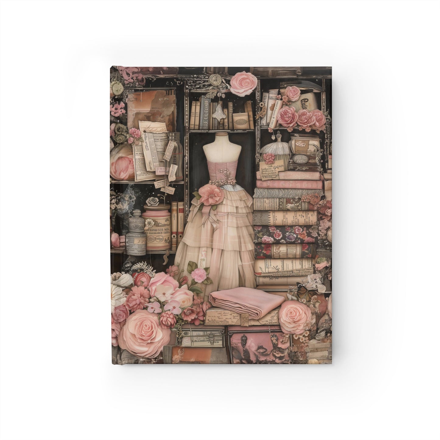 Vintage Victorian Couture Seamstress Shop adorned with Dresses and Floral Splendor - Hardcover Ruled Line Journal 5" x 7"