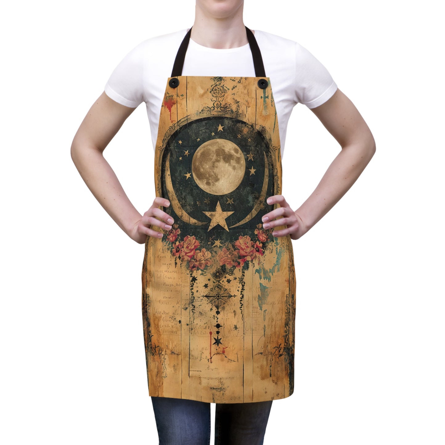 Mystical Vintage Celestial Full Moon Stars and Flowers Kitchen Chef Apron