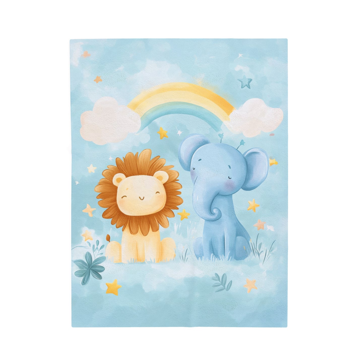 Safari Dreamscape of Adorable Lion and Elephant with Rainbow and Stars Velveteen Plush Blanket 3 Sizes