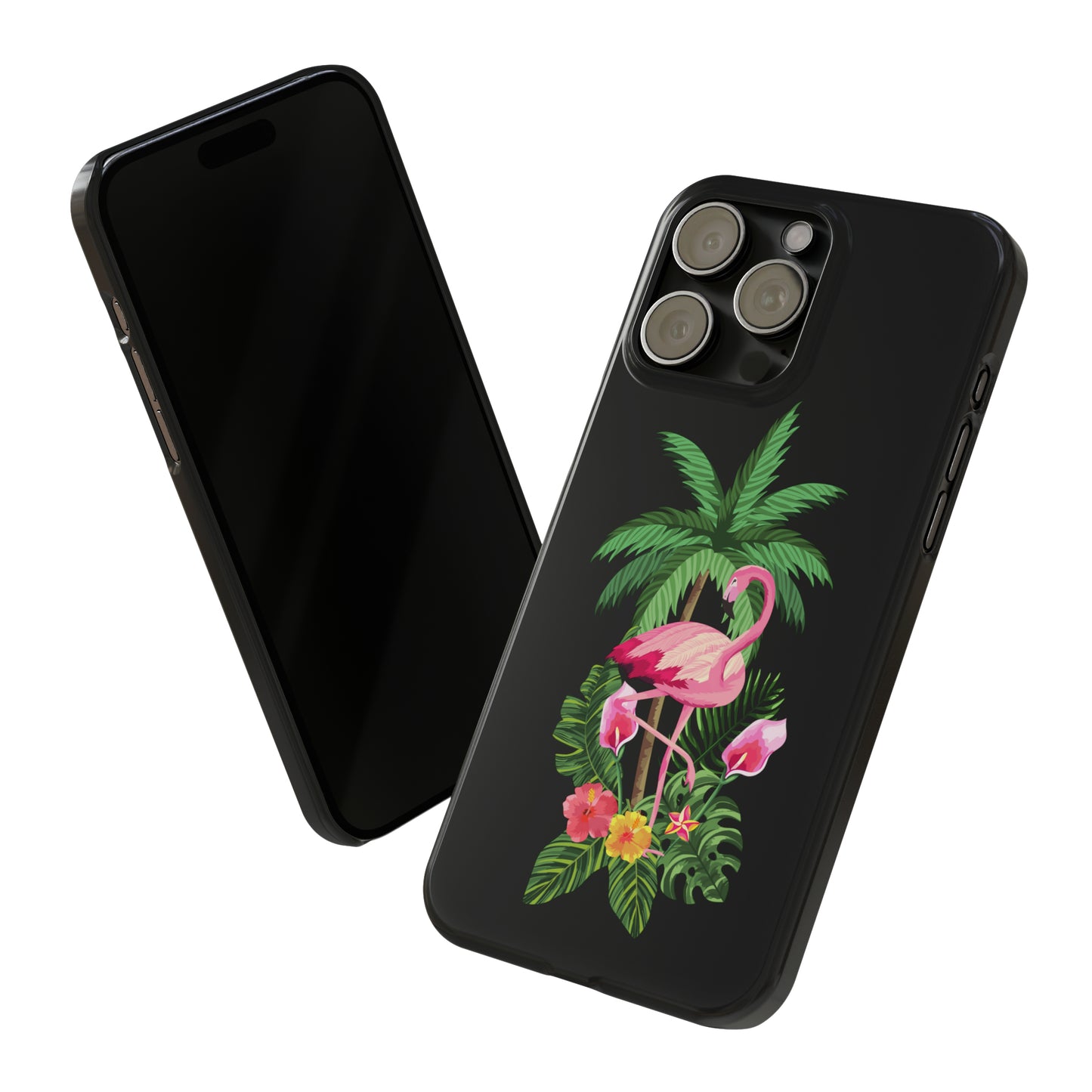 Tropical Pink Flamingo and Flowers Black Background Iphone 15-12 Slim Phone Case