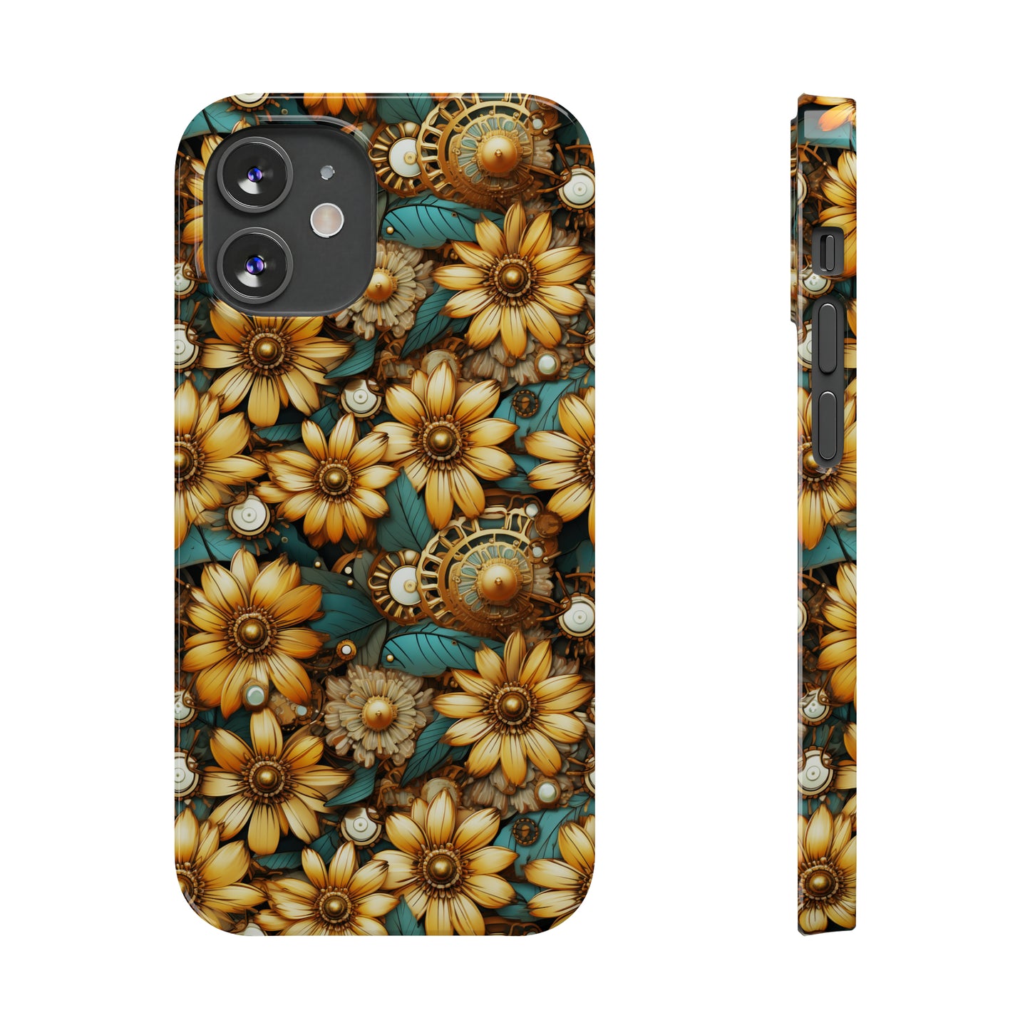 Victorian Steampunk Gold Flowers Teal Background with Gears and Mechanical Elements Iphone 15-12 Slim Phone Case