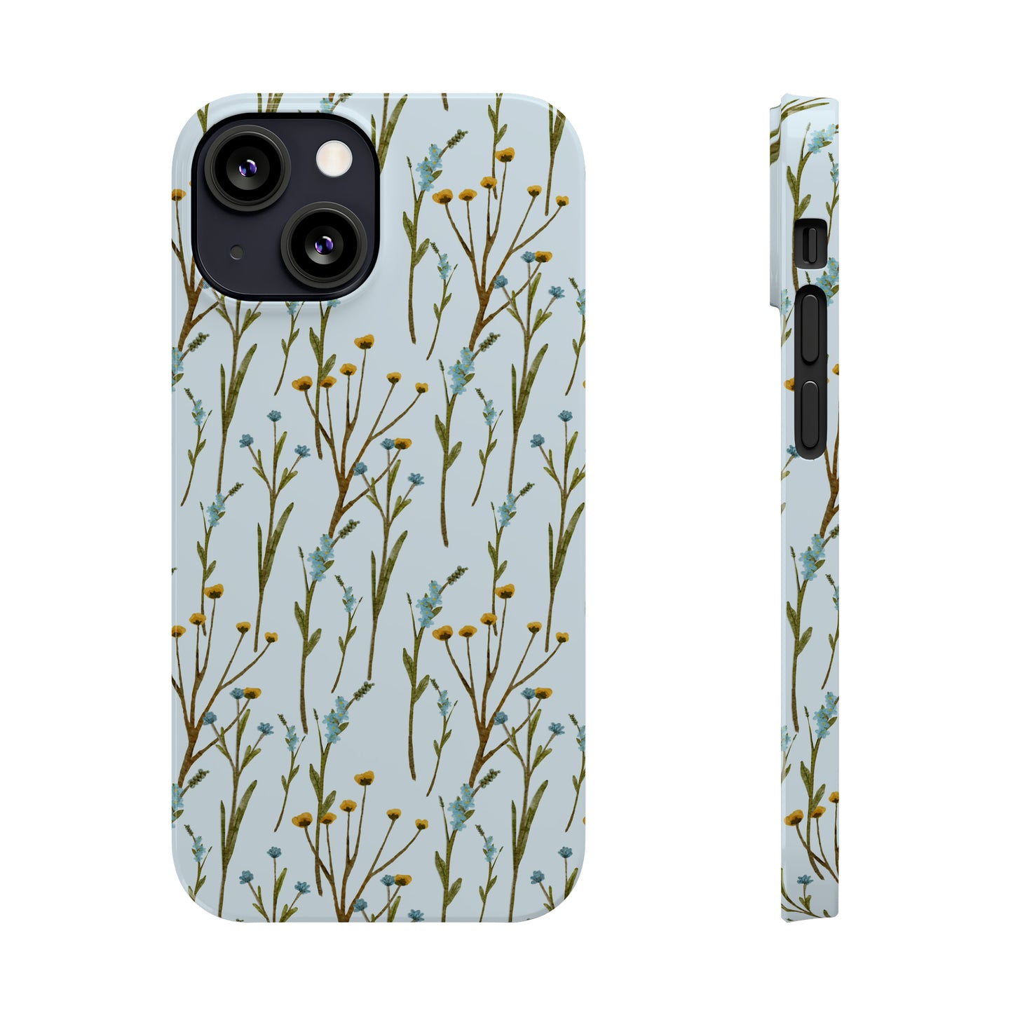 Delicate Blue and Yellow Wildflowers on a Light Blue Background Design Iphone 15-12 Slim Phone Case