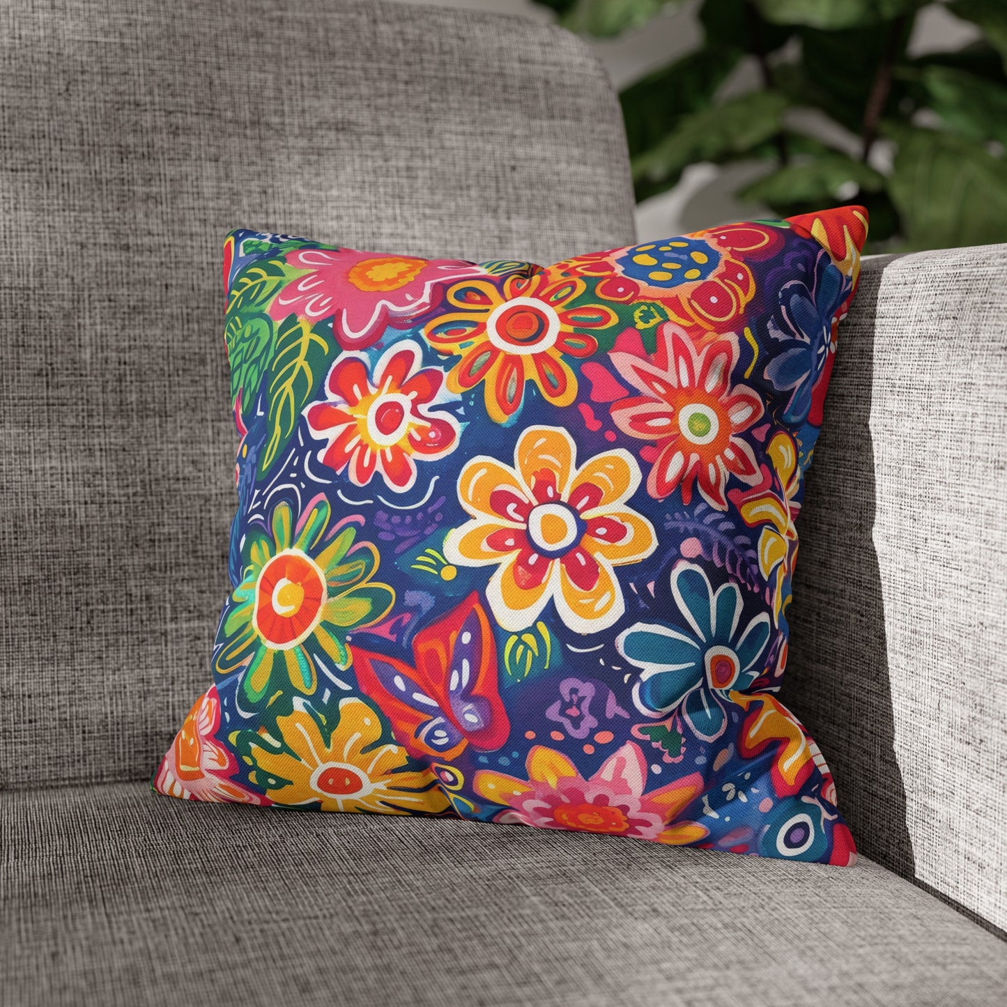 Fluttering Kaleidoscope: Vibrant Multicolor Flowers and Butterflies in Flight Spun Polyester Square Pillowcase 4 Sizes