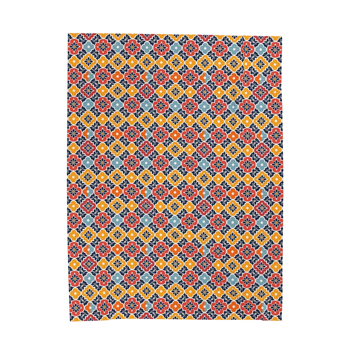 Vibrant Moroccan Orange, Gold and Blue Tile Pattern Velveteen Plush Blanket 3 Sizes