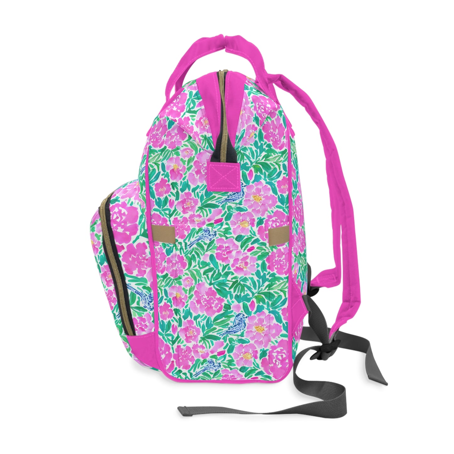 Springtime Whispers: Tiny Birds and Pink Blooms, Subtle Blue Accents, and Lush Green Leaves Multifunctional Diaper Backpack