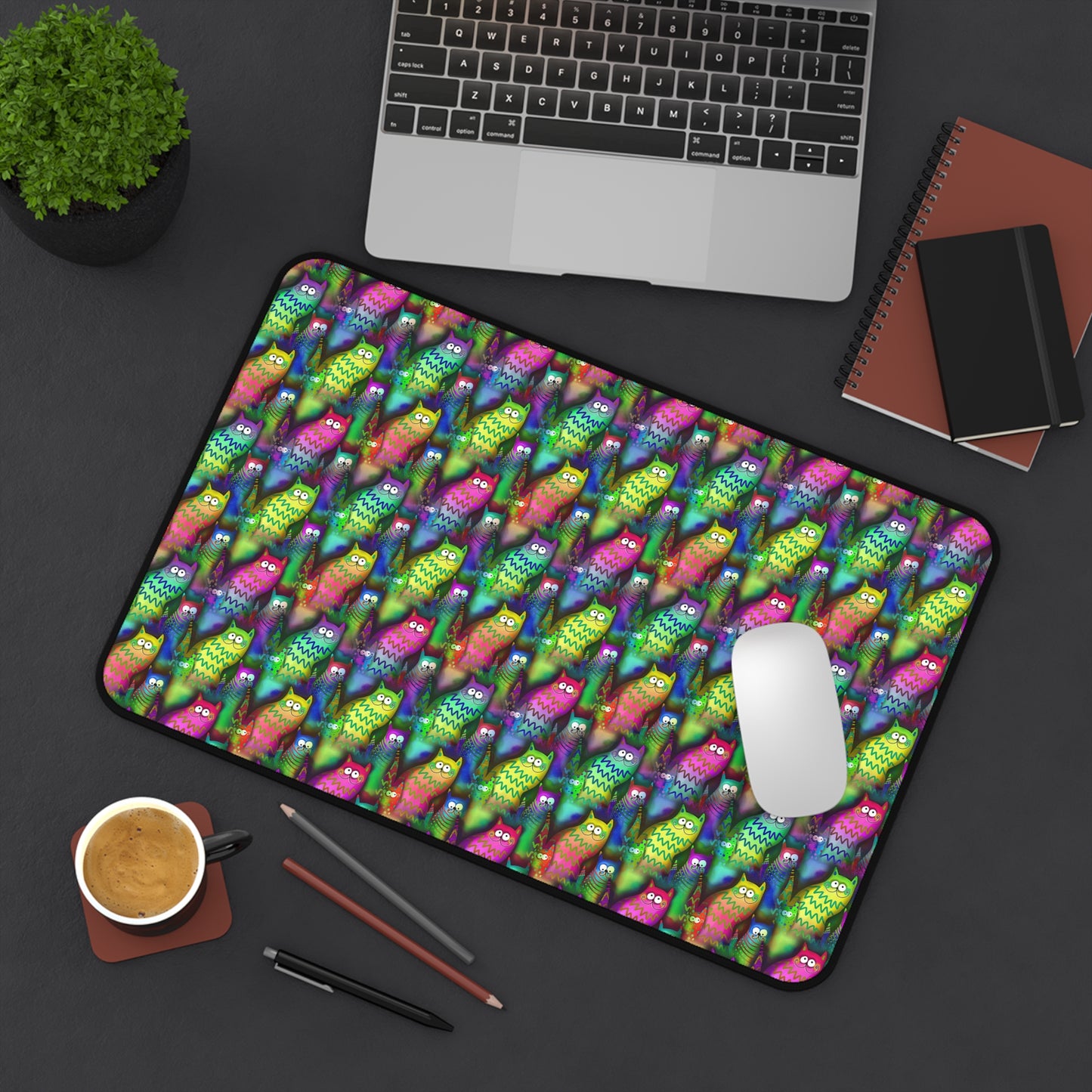 Neon Rainbow Cartoon Cats - Desk Mat Extended Gaming Mouse Pad 3 Sizes