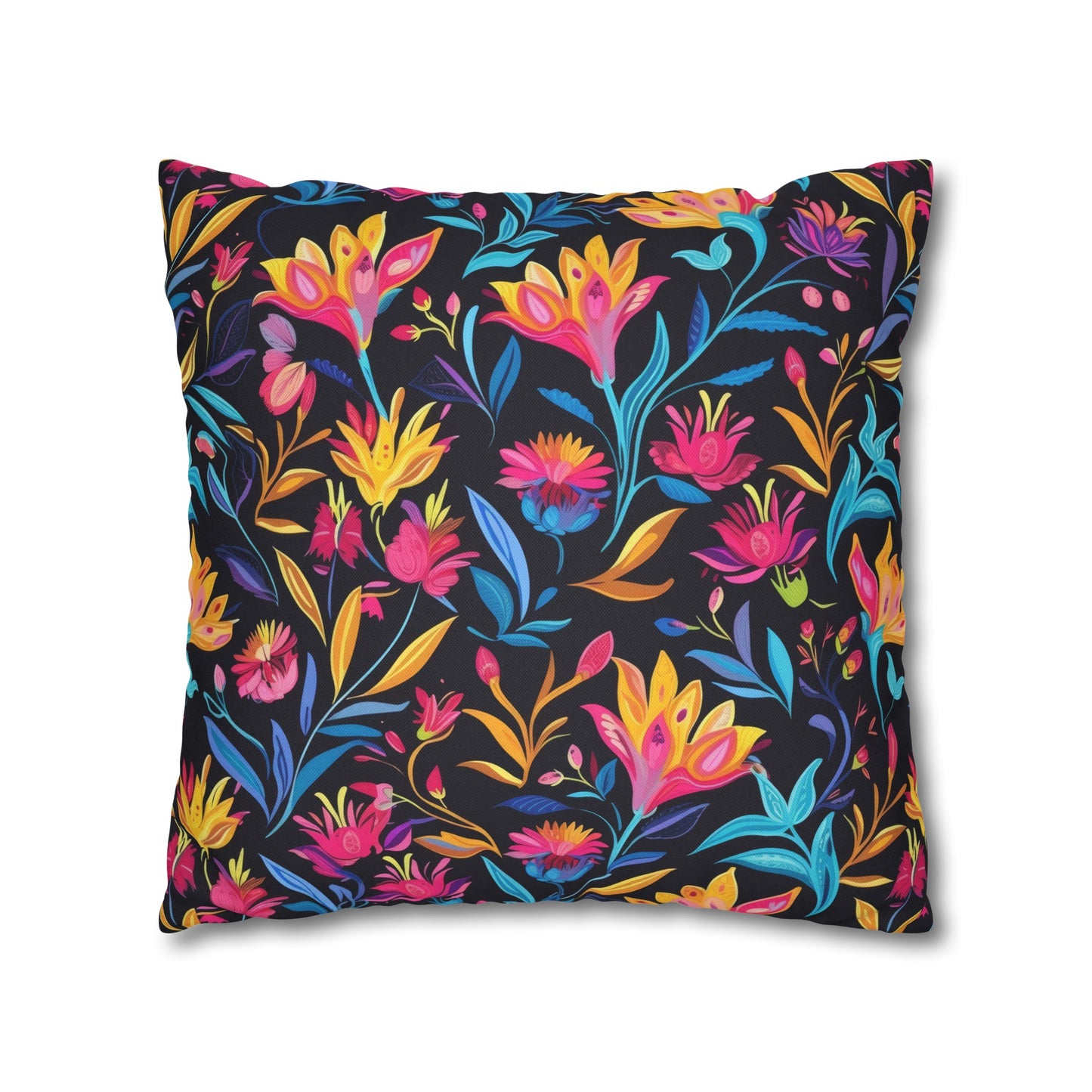 Vibrant Floral Fantasy in Midnight Garden Design Spun Polyester Square Pillowcase 4 Sizes