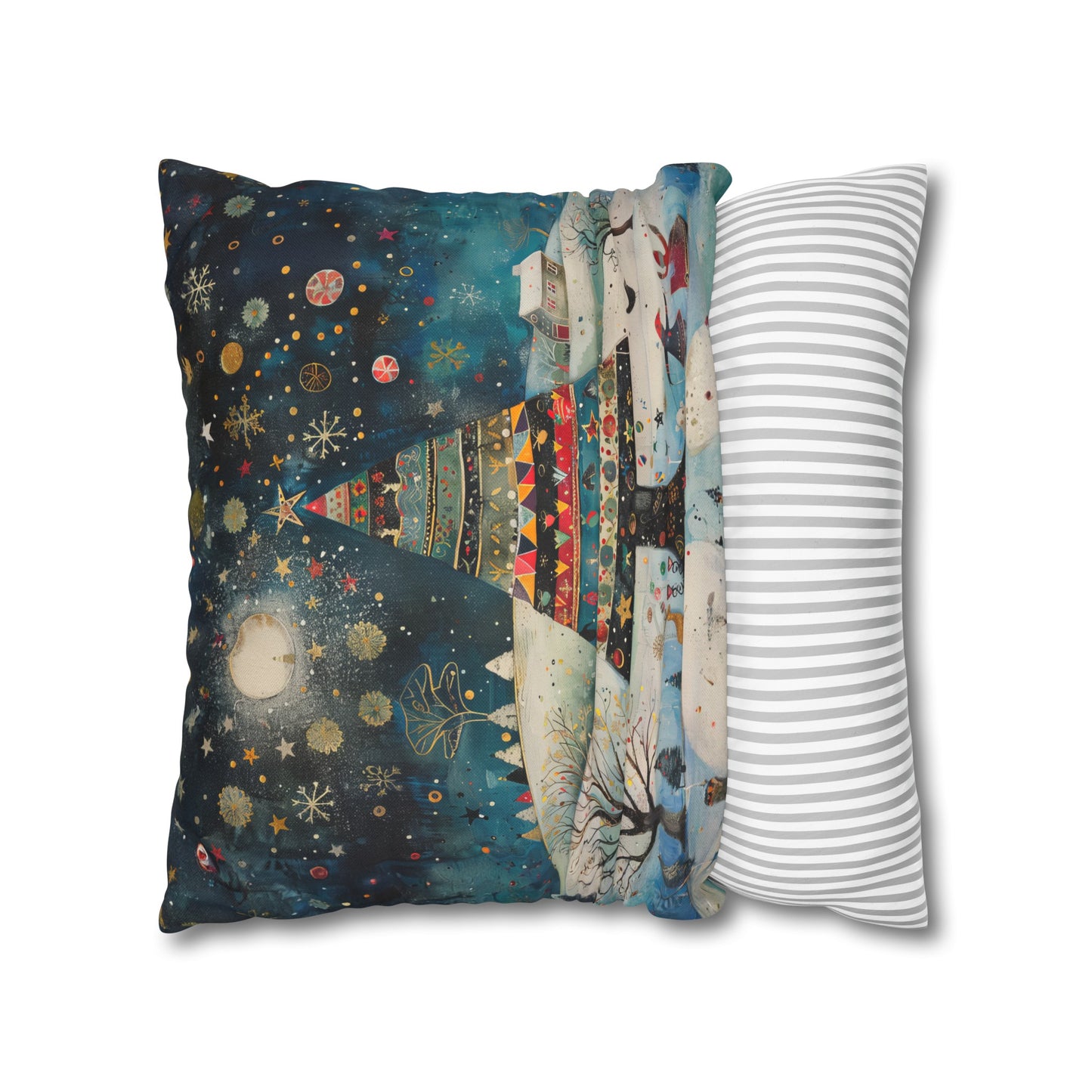 Nighttime Delights: Folk Art Christmas Tree Illuminating a Town, with Joyful Children Playing Below Spun Polyester Square Pillowcase 4 Sizes