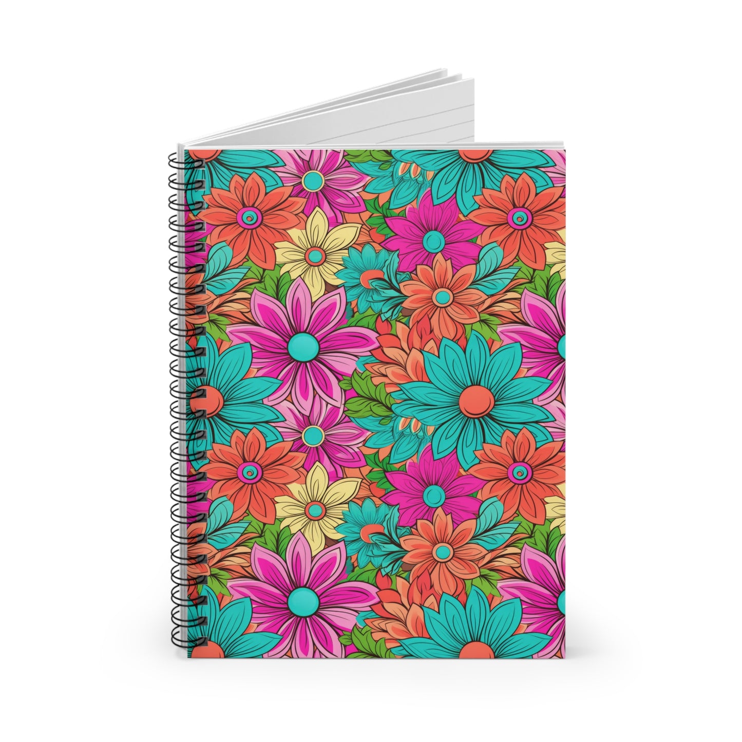 Vibrant Retro Daisy Design - Spiral Ruled Line Notebook 6"x8"