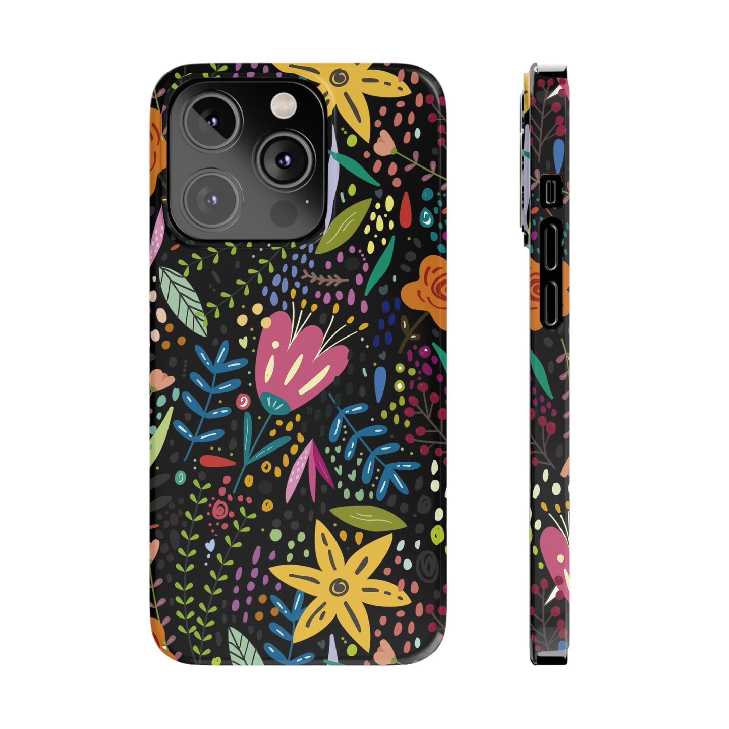 Springtime Splendor: Hand-Drawn Flowers Bursting with Vibrant Colors Design on Black Iphone 15-12 Slim Phone Case