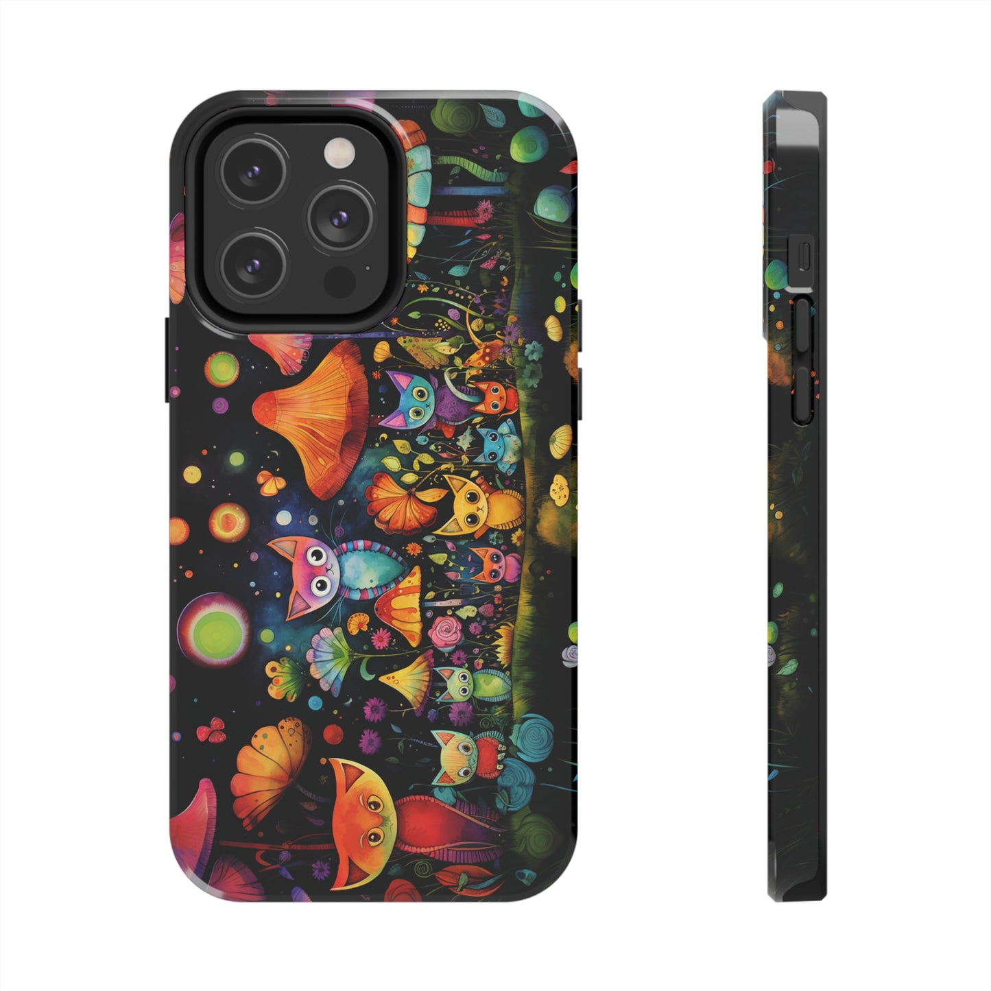 Mystical Cats Amidst a Garden of Flowers and Mushrooms, Beneath a Starry Sky Iphone Tough Phone Case