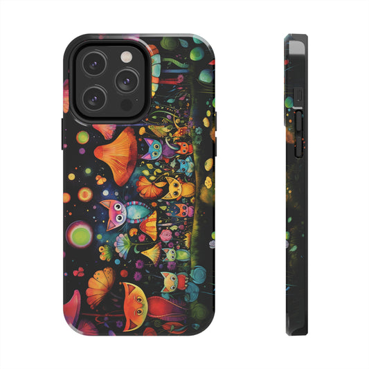 Mystical Cats Amidst a Garden of Flowers and Mushrooms, Beneath a Starry Sky Iphone Tough Phone Case