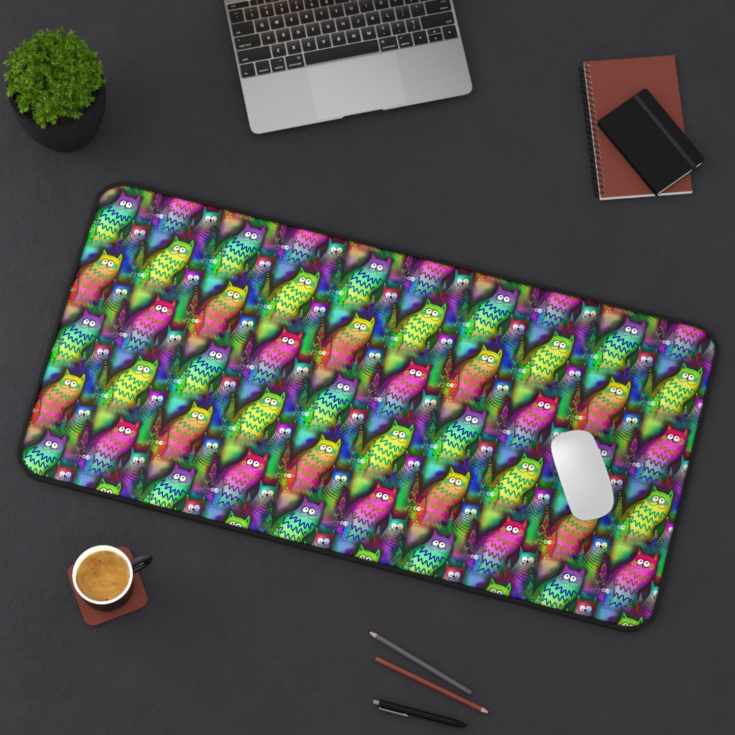 Neon Rainbow Cartoon Cats - Desk Mat Extended Gaming Mouse Pad 3 Sizes