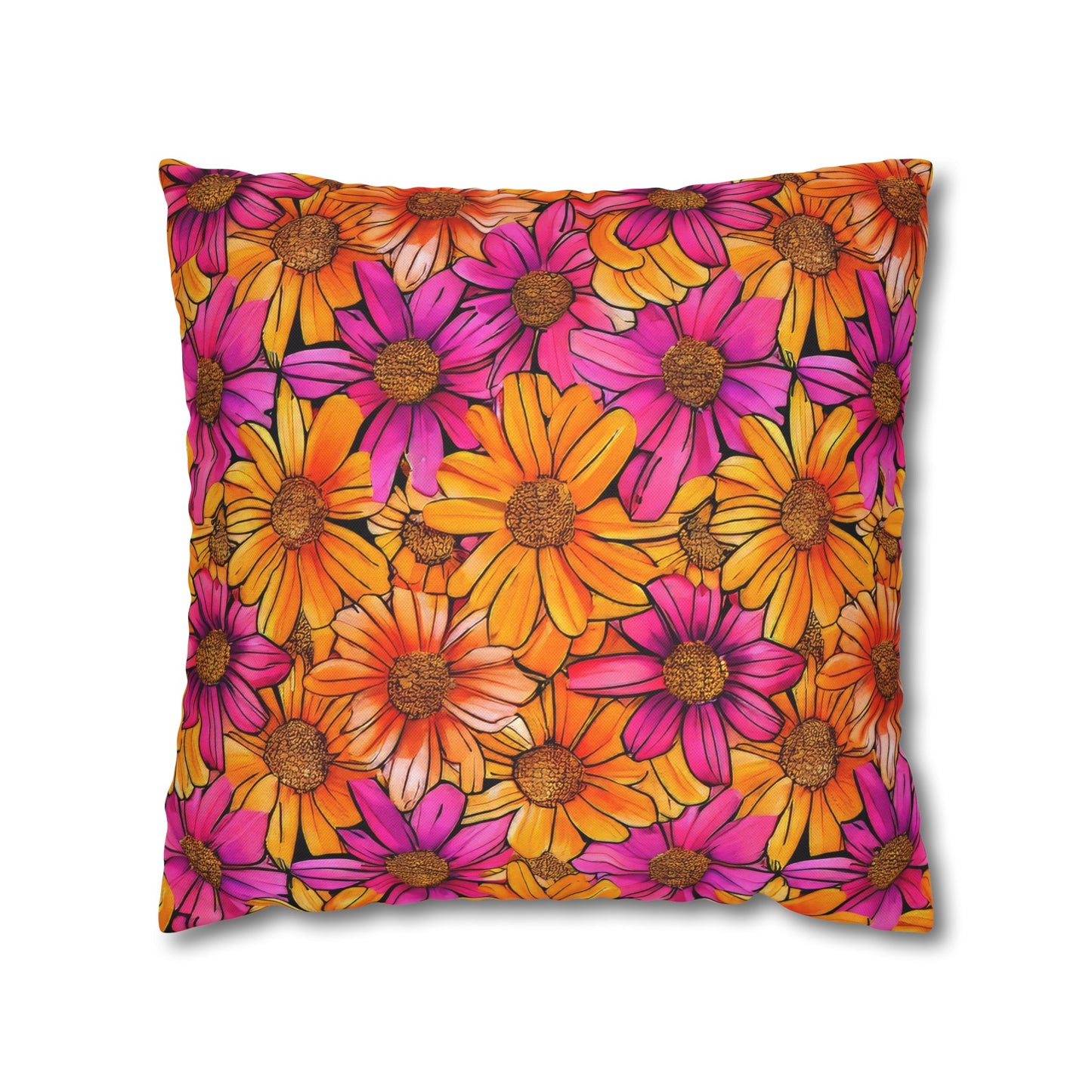 Vibrant Daisy Delight with Bold Orange and Pink Spun Polyester Square Pillowcase 4 Sizes