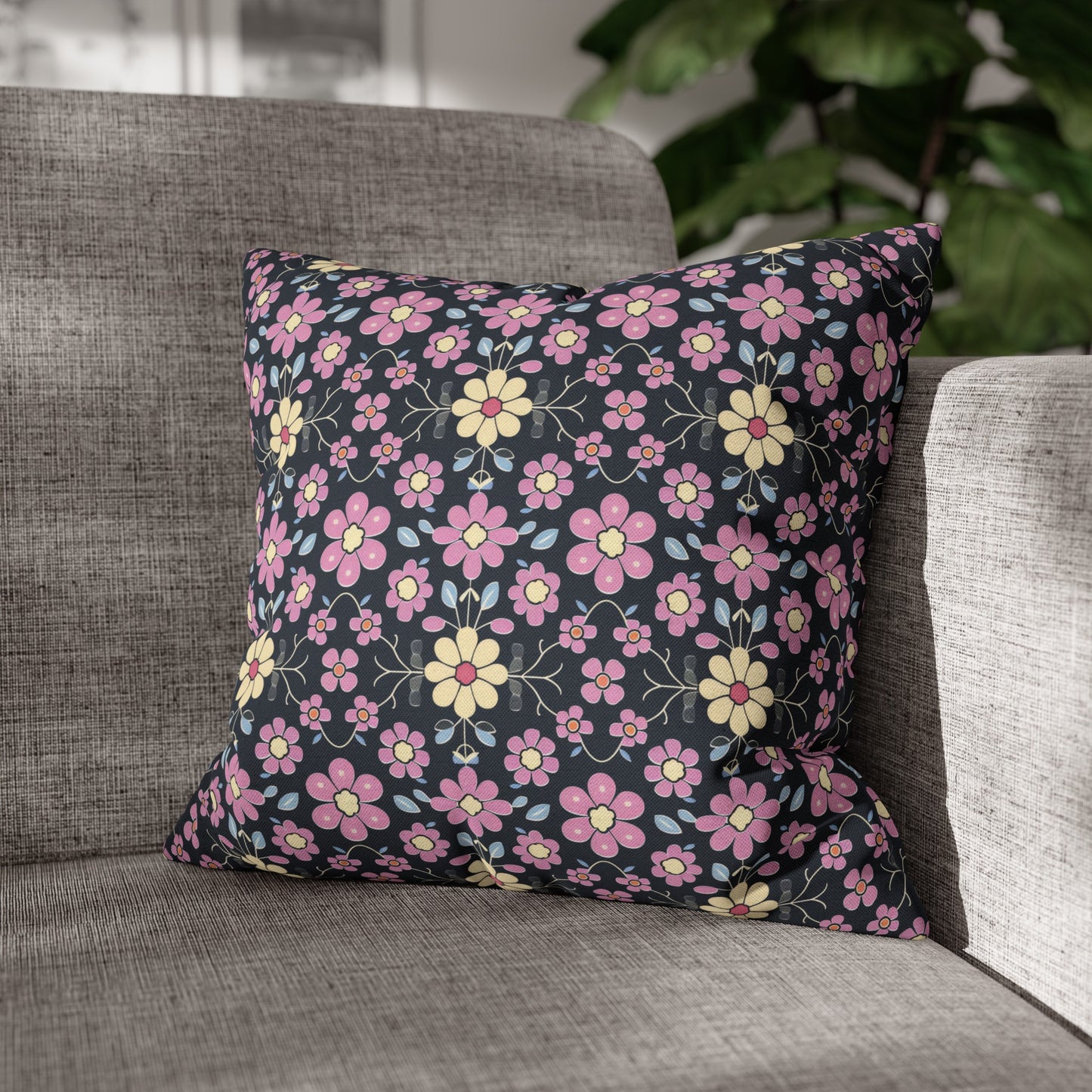 Charming Pastel Pink and Yellow Flowers on Navy Blue Background Spun Polyester Square Pillowcase 4 Sizes