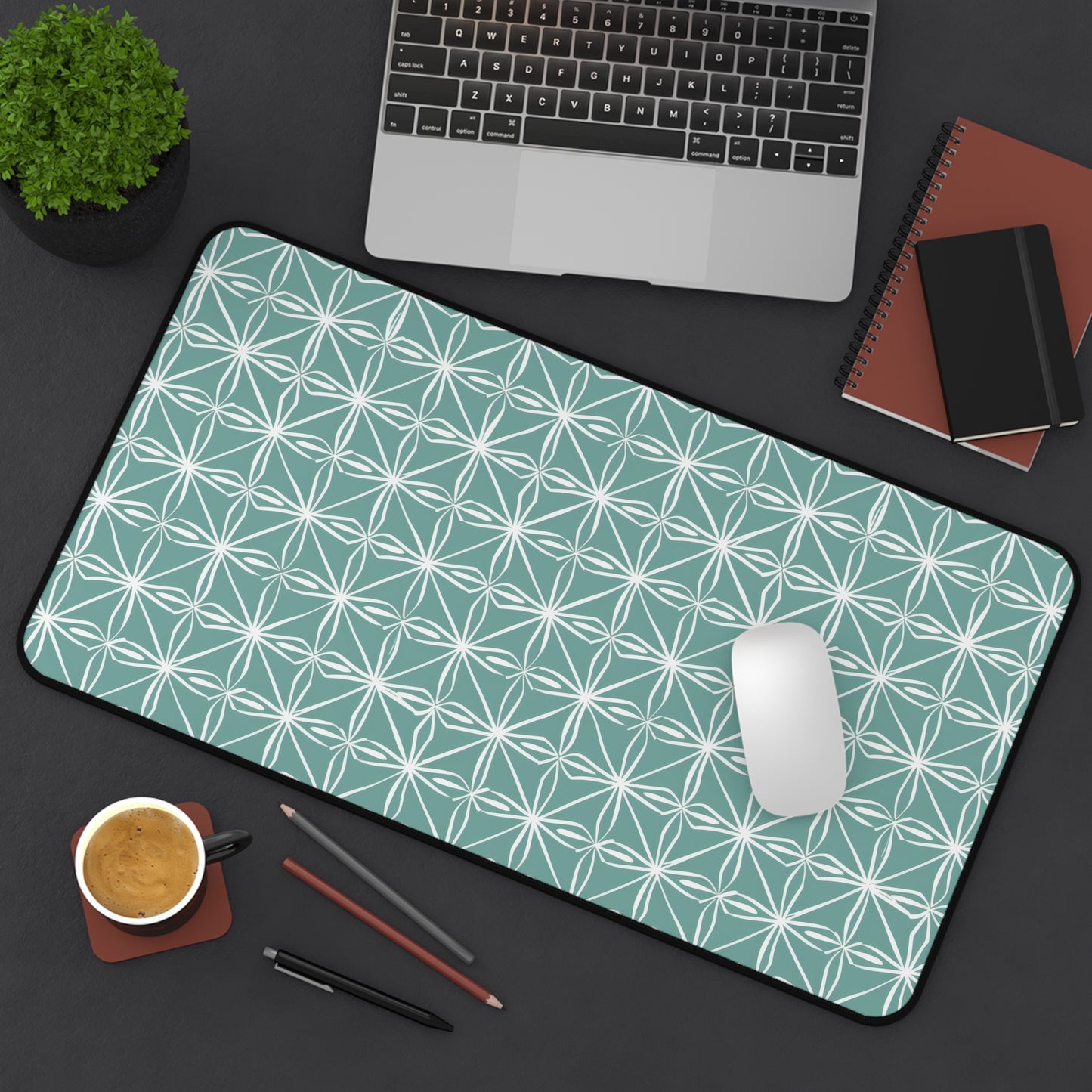 Elegant Minimalist Geometric Line Art in White and Teal Pattern Gaming Mouse Pad  Desk Mat  - 3 Sizes