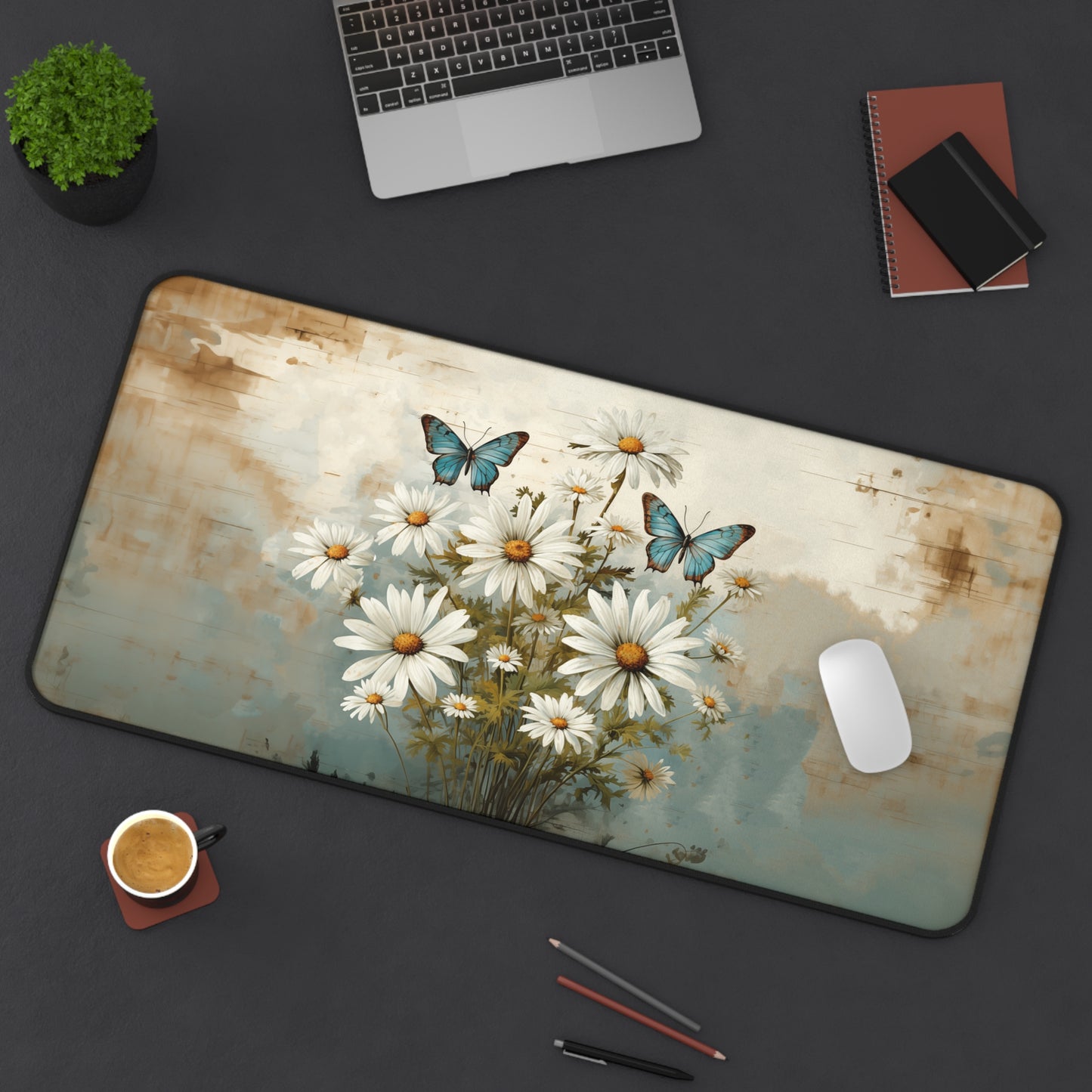 Rustic Farmhouse Daisy and Butterfly Design - Desk Mat Extended Gaming Mouse Pad 3 Sizes