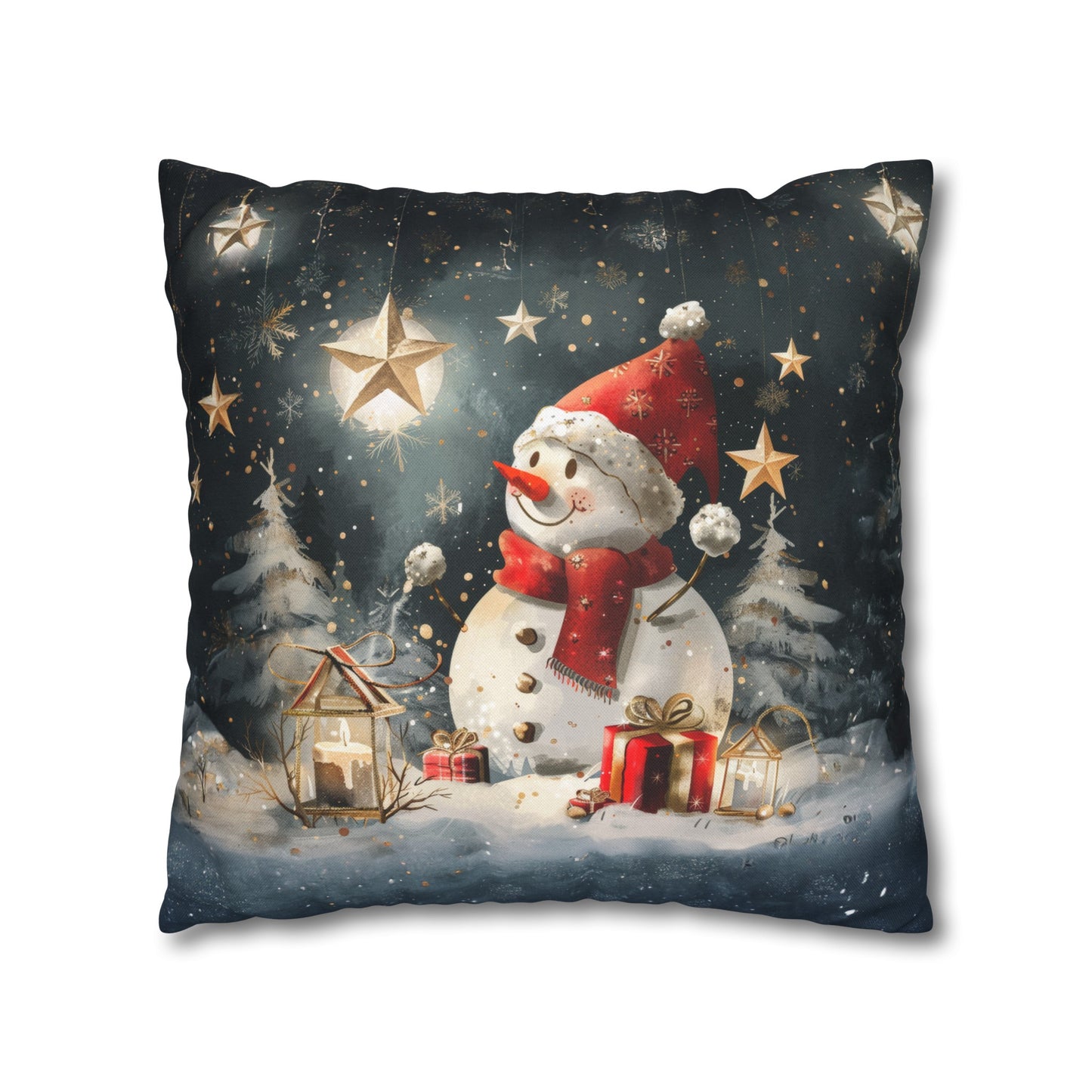 Moonlit Frost: Snowman Basking in Moonlight Surrounded by Presents Spun Polyester Square Pillowcase 4 Sizes