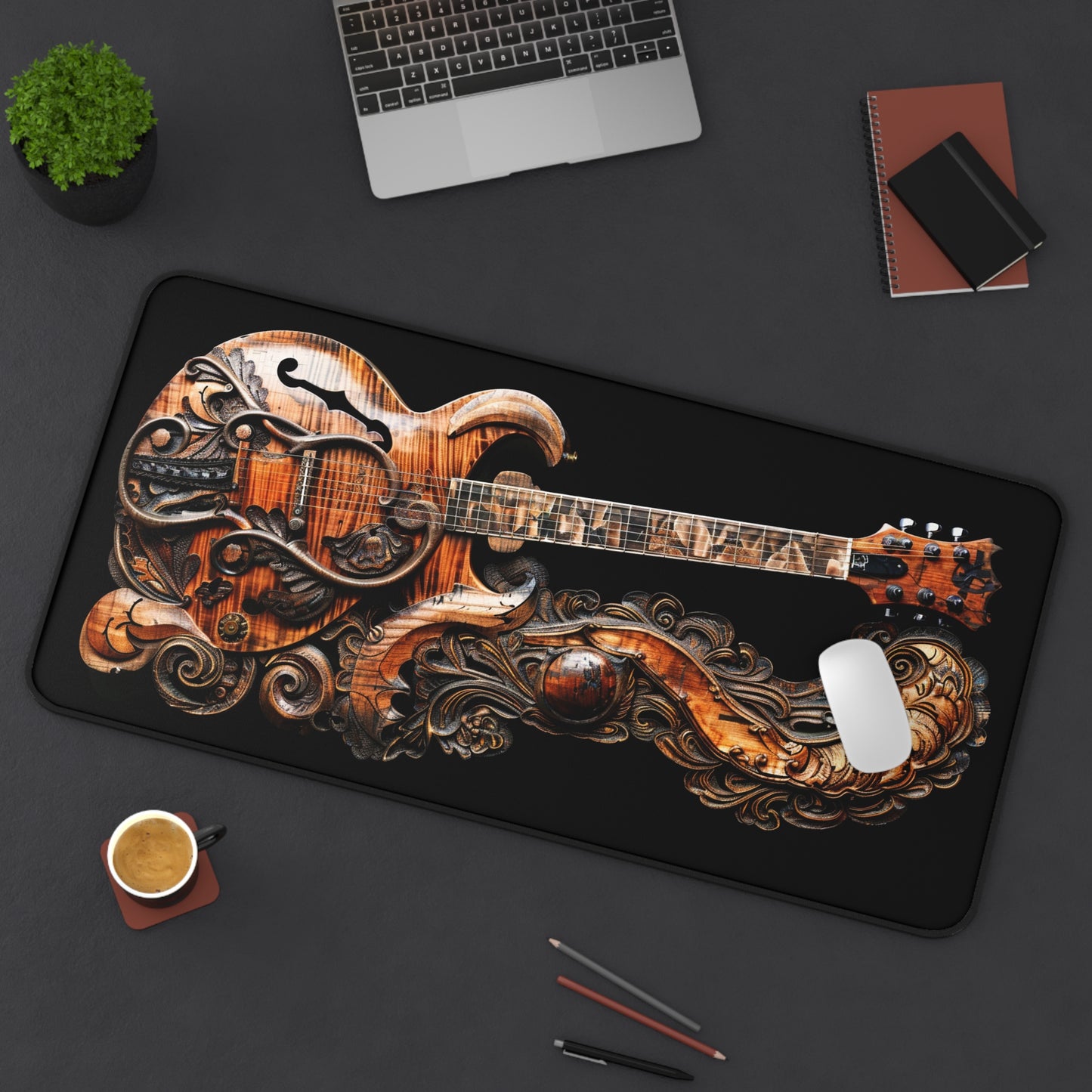 Intricate Carved Wood Electric Guitar Resting on Stone and Wood Carved Stand Desk Mat Extended Gaming Mouse Pad - 3 Sizes