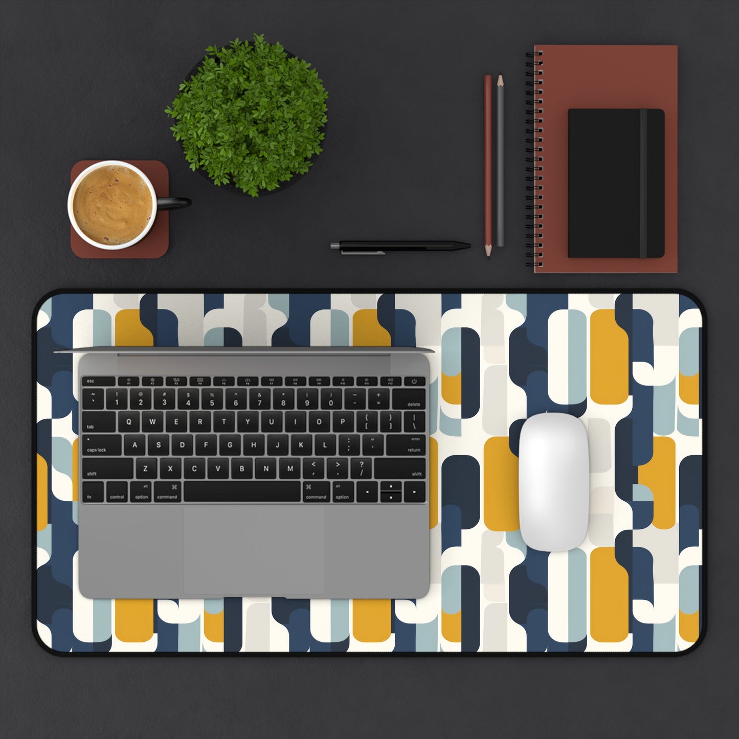 Modern Retro with Bold Geometric Pattern in Mustard and Navy Extended Gaming Mouse Pad  Desk Mat  - 3 Sizes